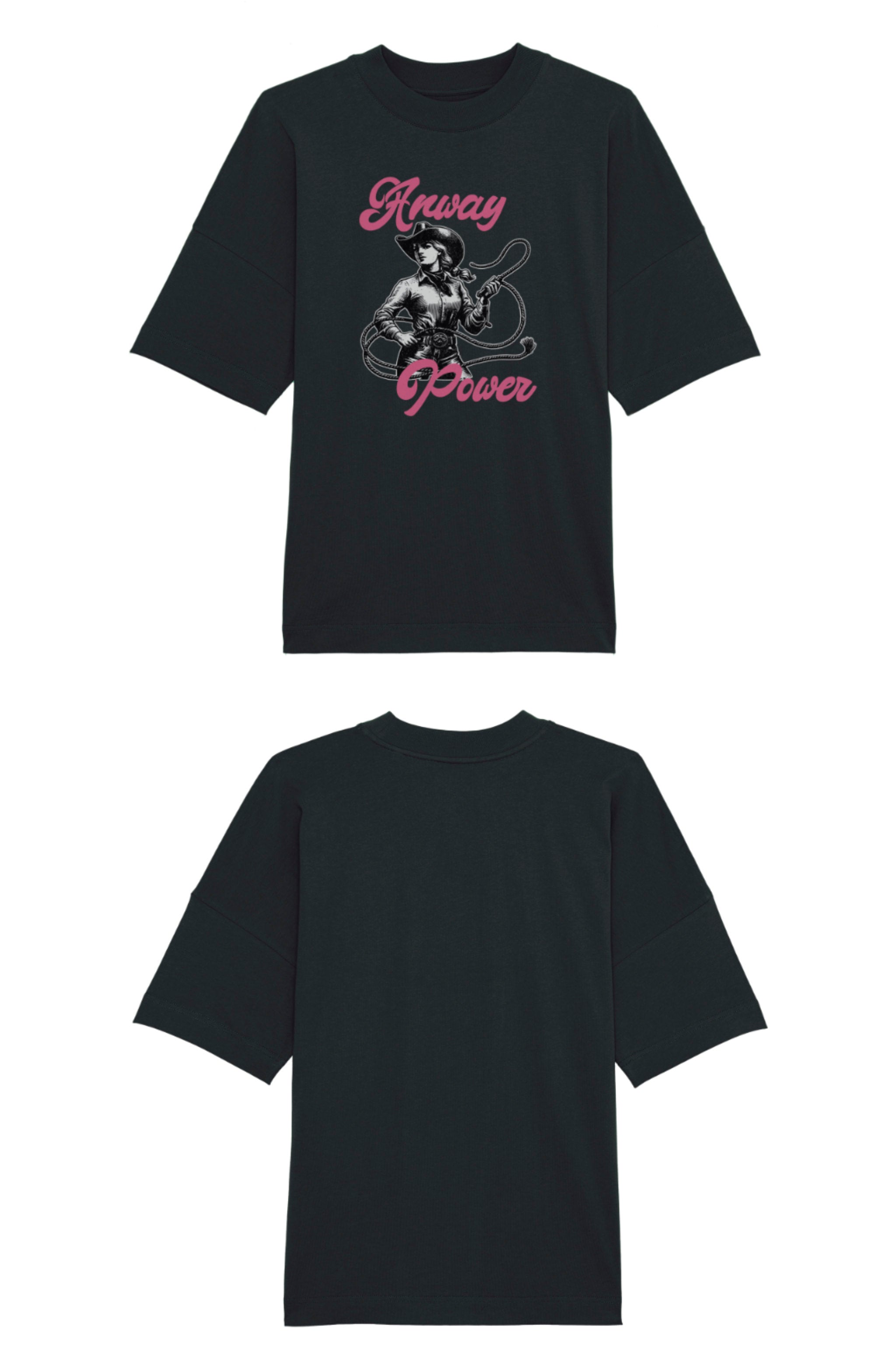 Oversized T-Shirt aus 100 % Bio-Baumwolle mit weitem, modernem Schnitt, erhältlich in Schwarz, Weiss und Natur. Individuell gestaltbar mit Wunschmotiv und frei wählbarer Platzierung. Weiche Qualität, überschnittene Ärmelansätze und lässiger Style für maximalen Tragekomfort.  T-Shirt mit einer Cowgirl-Illustration mit Peitsche und dem rosa Schriftzug „Anway Power“ auf der Vorderseite.