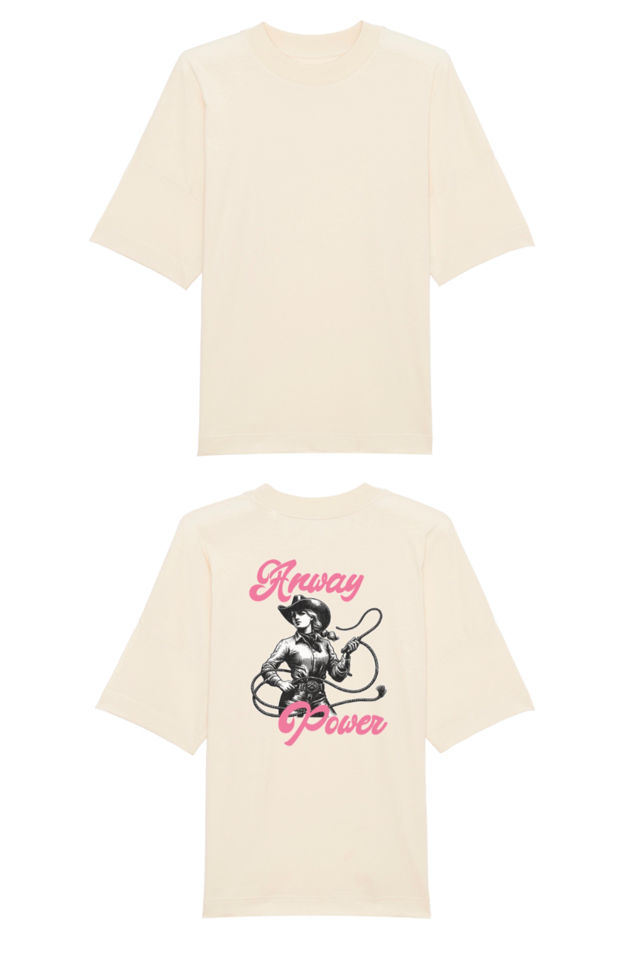 Oversized T-Shirt aus 100 % Bio-Baumwolle mit weitem, modernem Schnitt, erhältlich in Schwarz, Weiss und Natur. Individuell gestaltbar mit Wunschmotiv und frei wählbarer Platzierung. Weiche Qualität, überschnittene Ärmelansätze und lässiger Style für maximalen Tragekomfort.  T-Shirt mit einer Cowgirl-Illustration mit Peitsche und dem rosa Schriftzug „Anway Power“ auf der Rückseite.