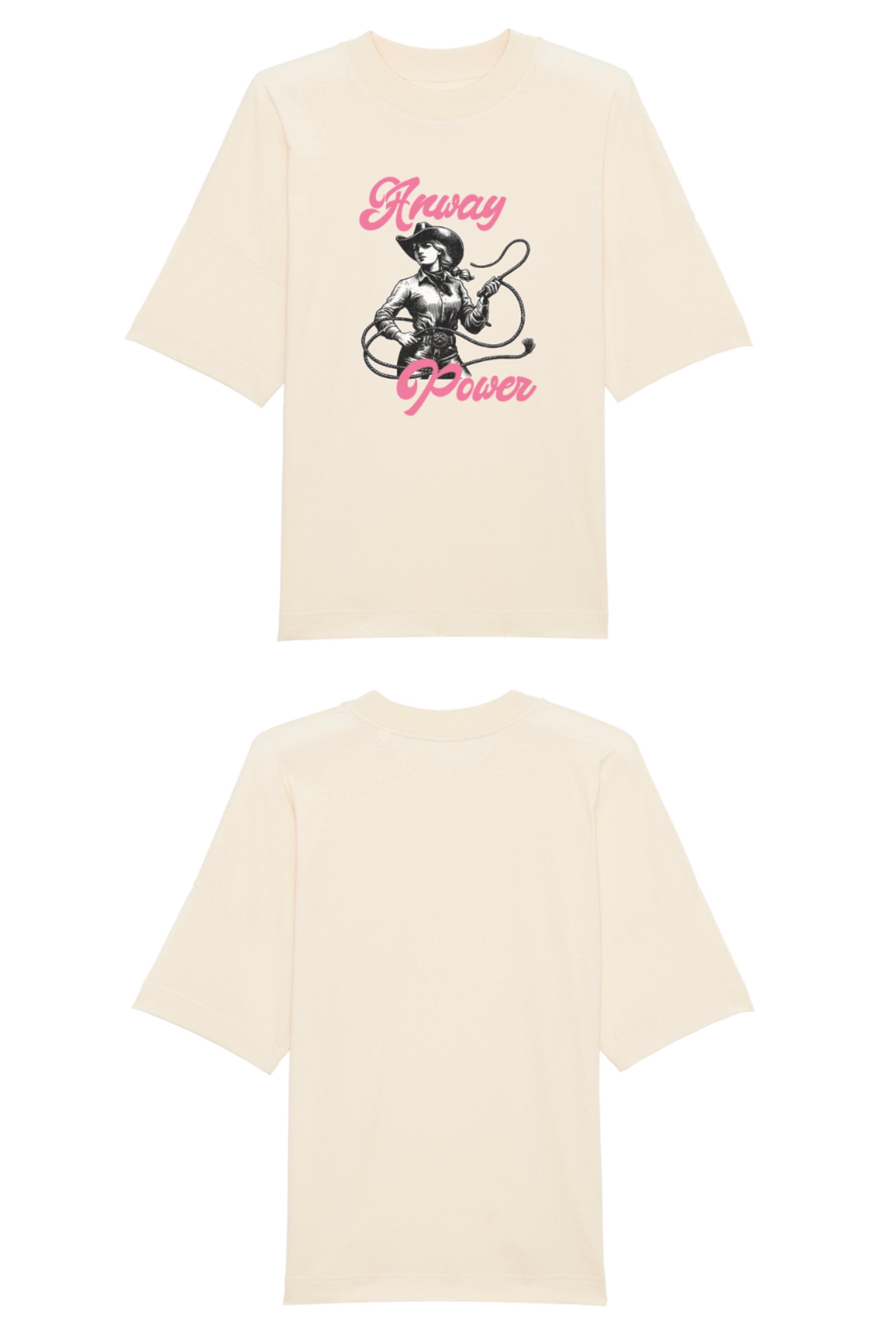 Oversized T-Shirt aus 100 % Bio-Baumwolle mit weitem, modernem Schnitt, erhältlich in Schwarz, Weiss und Natur. Individuell gestaltbar mit Wunschmotiv und frei wählbarer Platzierung. Weiche Qualität, überschnittene Ärmelansätze und lässiger Style für maximalen Tragekomfort.  T-Shirt mit einer Cowgirl-Illustration mit Peitsche und dem rosa Schriftzug „Anway Power“ auf der Vorderseite.
