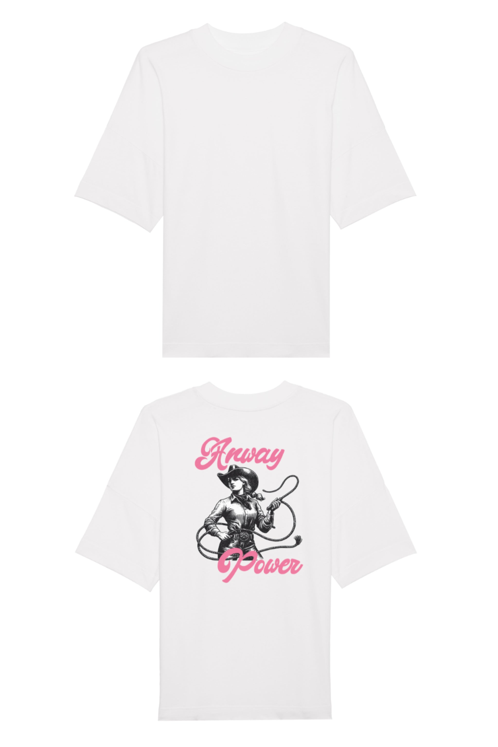 Oversized T-Shirt aus 100 % Bio-Baumwolle mit weitem, modernem Schnitt, erhältlich in Schwarz, Weiss und Natur. Individuell gestaltbar mit Wunschmotiv und frei wählbarer Platzierung. Weiche Qualität, überschnittene Ärmelansätze und lässiger Style für maximalen Tragekomfort.  T-Shirt mit einer Cowgirl-Illustration mit Peitsche und dem rosa Schriftzug „Anway Power“ auf der Rückseite.