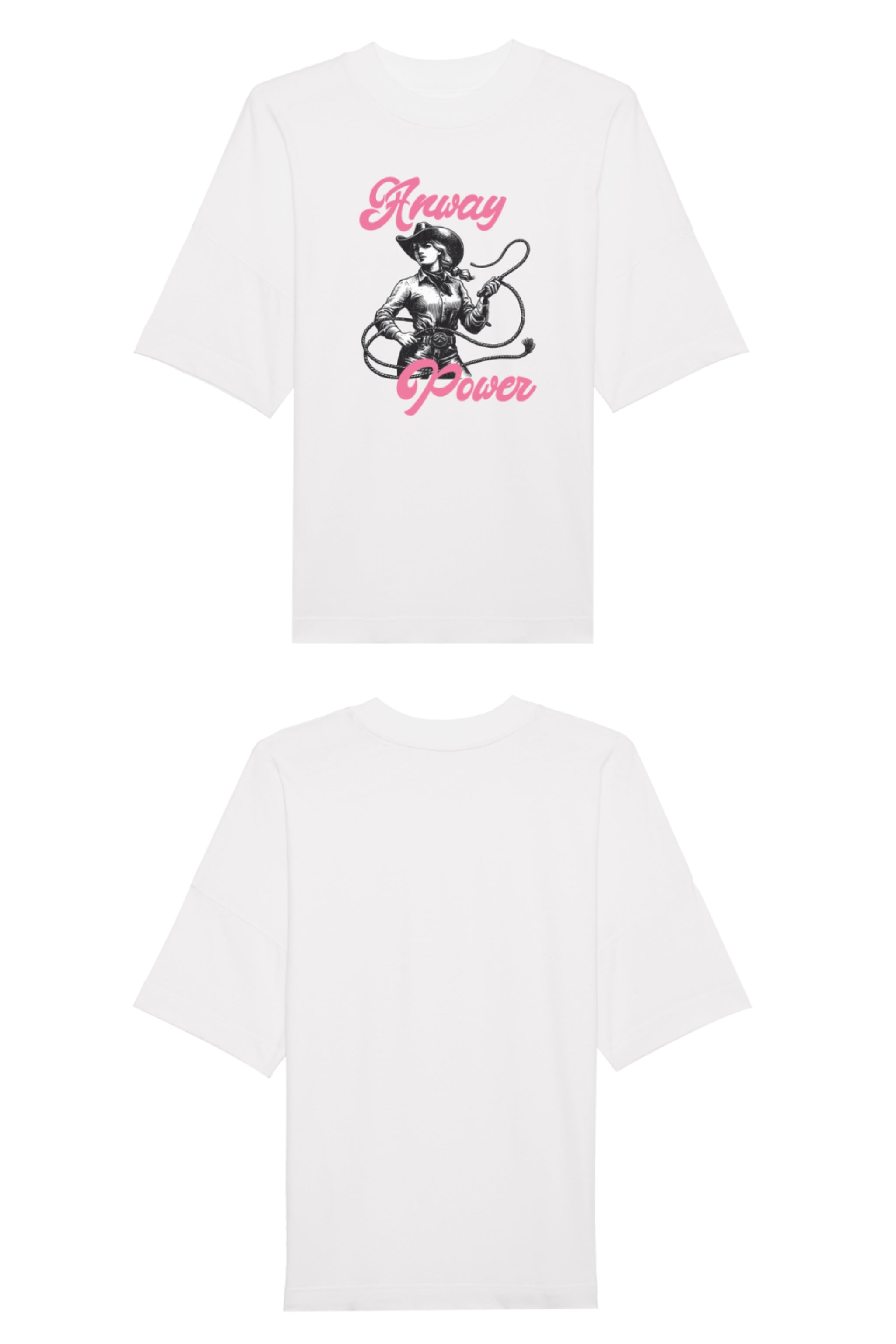 Oversized T-Shirt aus 100 % Bio-Baumwolle mit weitem, modernem Schnitt, erhältlich in Schwarz, Weiss und Natur. Individuell gestaltbar mit Wunschmotiv und frei wählbarer Platzierung. Weiche Qualität, überschnittene Ärmelansätze und lässiger Style für maximalen Tragekomfort.  T-Shirt mit einer Cowgirl-Illustration mit Peitsche und dem rosa Schriftzug „Anway Power“ auf der Vorderseite.