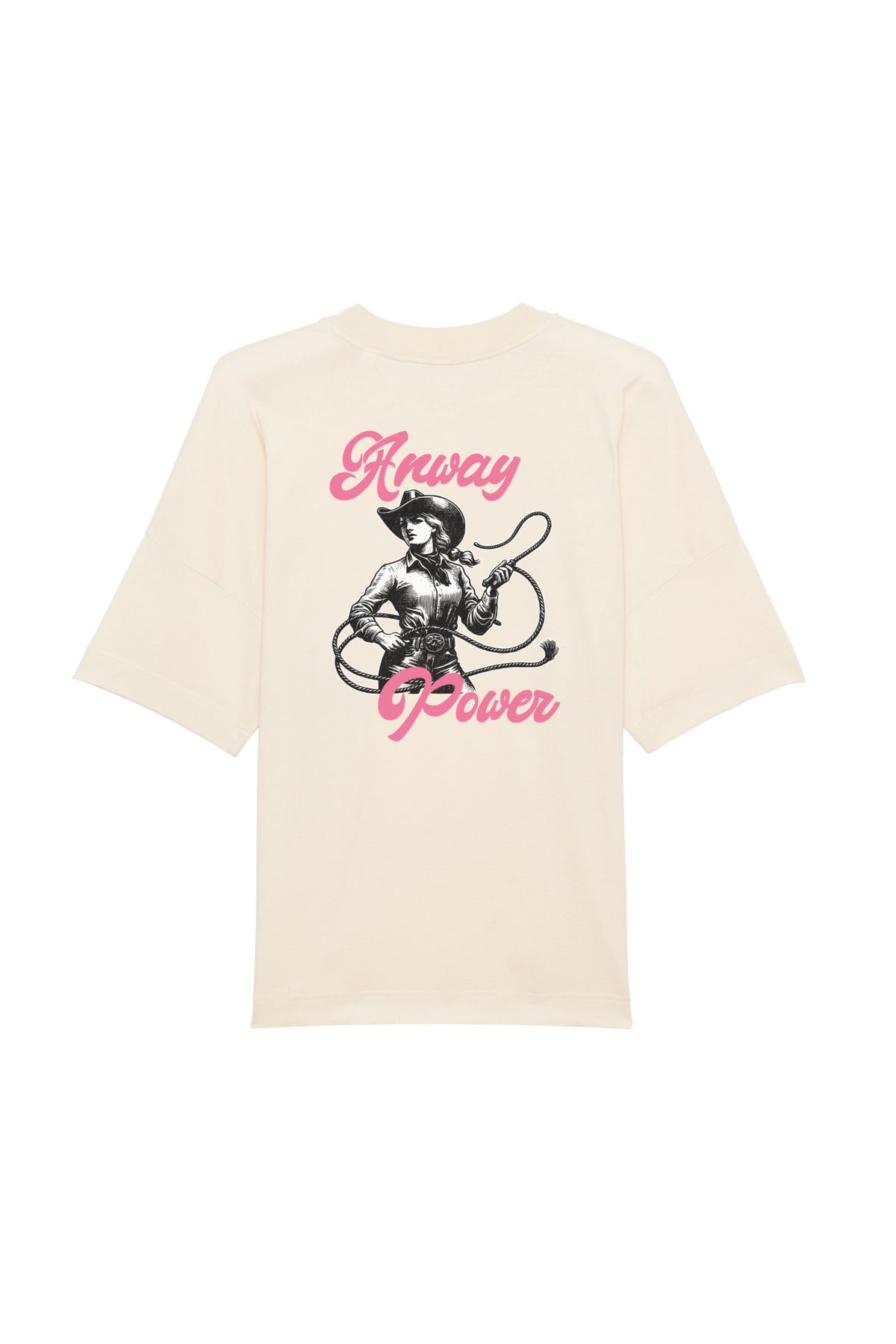 Oversized T-Shirt aus 100 % Bio-Baumwolle mit weitem, modernem Schnitt, erhältlich in Schwarz, Weiss und Natur. Individuell gestaltbar mit Wunschmotiv und frei wählbarer Platzierung. Weiche Qualität, überschnittene Ärmelansätze und lässiger Style für maximalen Tragekomfort.  T-Shirt mit einer Cowgirl-Illustration mit Peitsche und dem rosa Schriftzug „Anway Power“ auf der Rückseite.