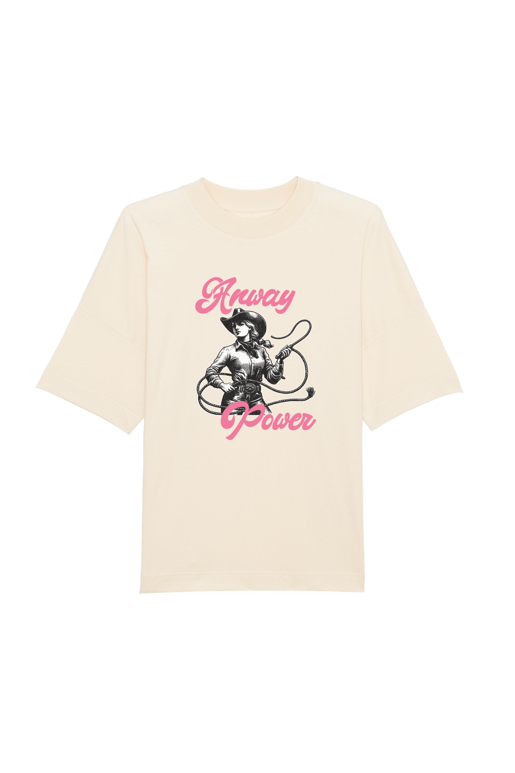 Oversized T-Shirt aus 100 % Bio-Baumwolle mit weitem, modernem Schnitt, erhältlich in Schwarz, Weiss und Natur. Individuell gestaltbar mit Wunschmotiv und frei wählbarer Platzierung. Weiche Qualität, überschnittene Ärmelansätze und lässiger Style für maximalen Tragekomfort.  T-Shirt mit einer Cowgirl-Illustration mit Peitsche und dem rosa Schriftzug „Anway Power“ auf der Vorderseite.