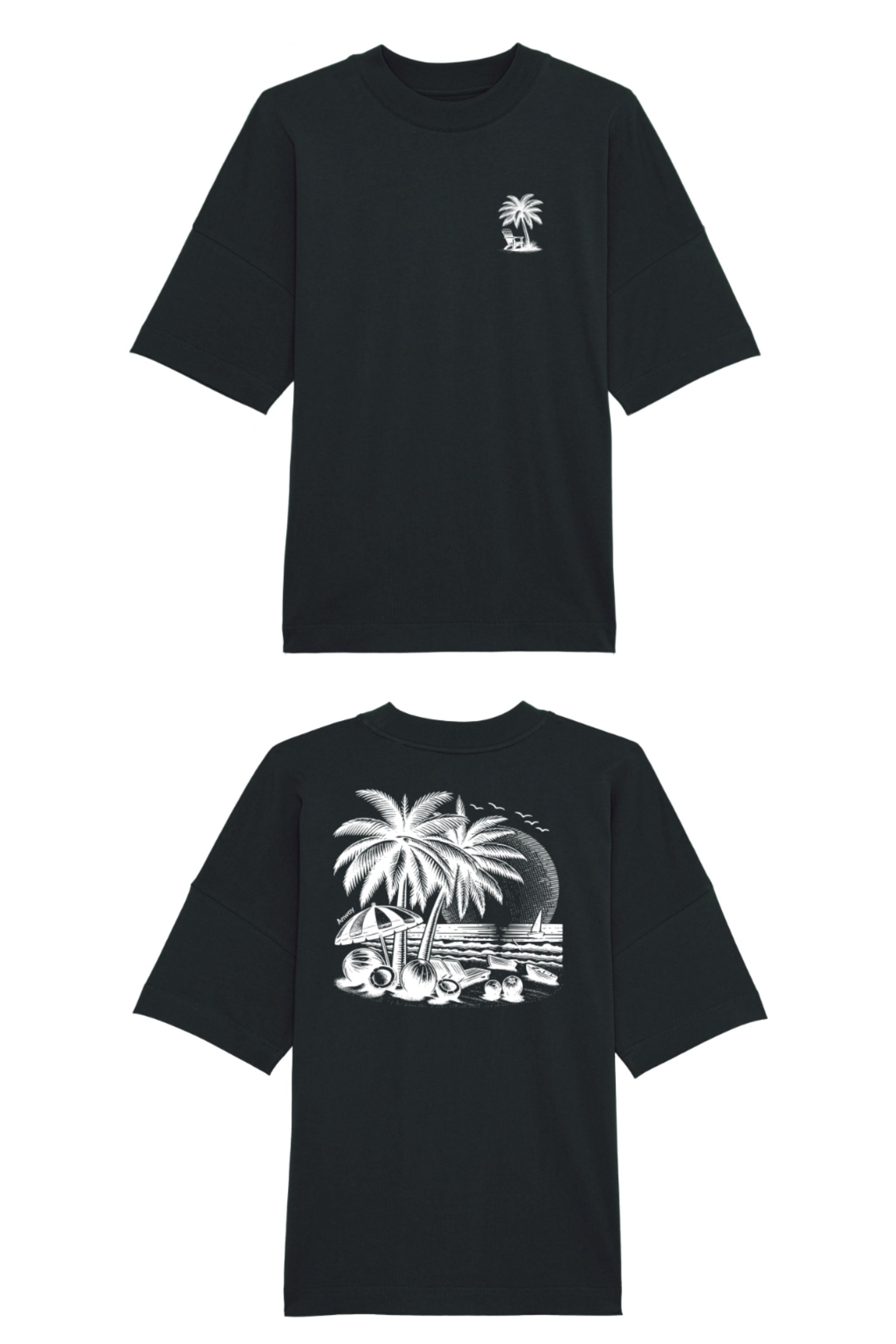 Oversized T-Shirt aus 100 % Bio-Baumwolle mit weitem, modernem Schnitt, erhältlich in Schwarz, Weiss und Natur. Individuell gestaltbar mit Wunschmotiv und frei wählbarer Platzierung. Weiche Qualität, überschnittene Ärmelansätze und lässiger Style für maximalen Tragekomfort. T-Shirt mit kleinem Motiv einer Palme und eines Liegestuhls auf der linken Brust und einem detaillierten Strandmotiv mit Palmen, Kokosnüssen und Sonnenuntergang auf der Rückseite. 
