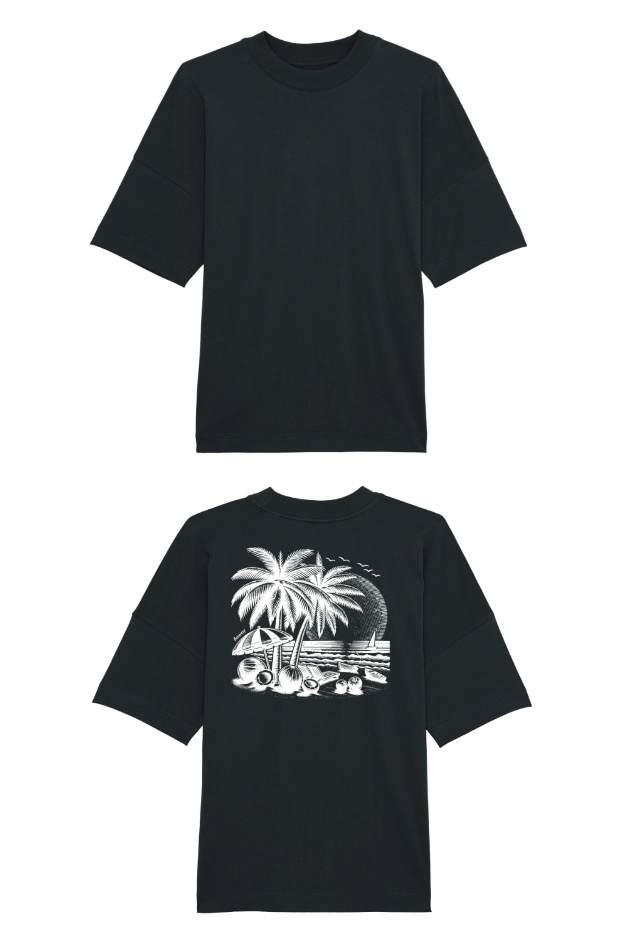 Oversized T-Shirt aus 100 % Bio-Baumwolle mit weitem, modernem Schnitt, erhältlich in Schwarz, Weiss und Natur. Individuell gestaltbar mit Wunschmotiv und frei wählbarer Platzierung. Weiche Qualität, überschnittene Ärmelansätze und lässiger Style für maximalen Tragekomfort. T-Shirt mit einem detaillierten Strandmotiv mit Palmen, Kokosnüssen und Sonnenuntergang auf der Rückseite. 