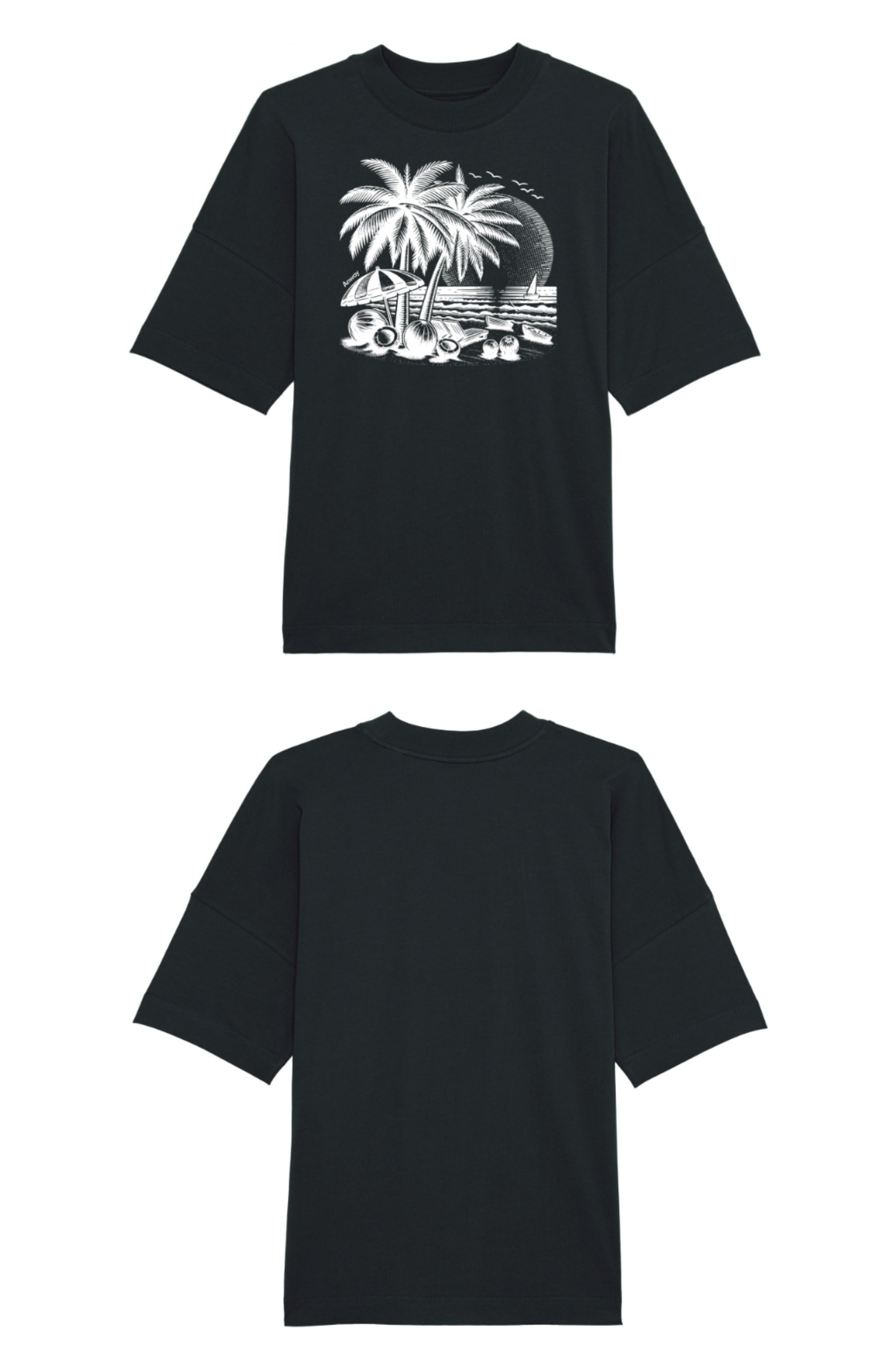 Oversized T-Shirt aus 100 % Bio-Baumwolle mit weitem, modernem Schnitt, erhältlich in Schwarz, Weiss und Natur. Individuell gestaltbar mit Wunschmotiv und frei wählbarer Platzierung. Weiche Qualität, überschnittene Ärmelansätze und lässiger Style für maximalen Tragekomfort.T-Shirt mit einem detaillierten Strandmotiv mit Palmen, Kokosnüssen und Sonnenuntergang auf der Vorderseite. 