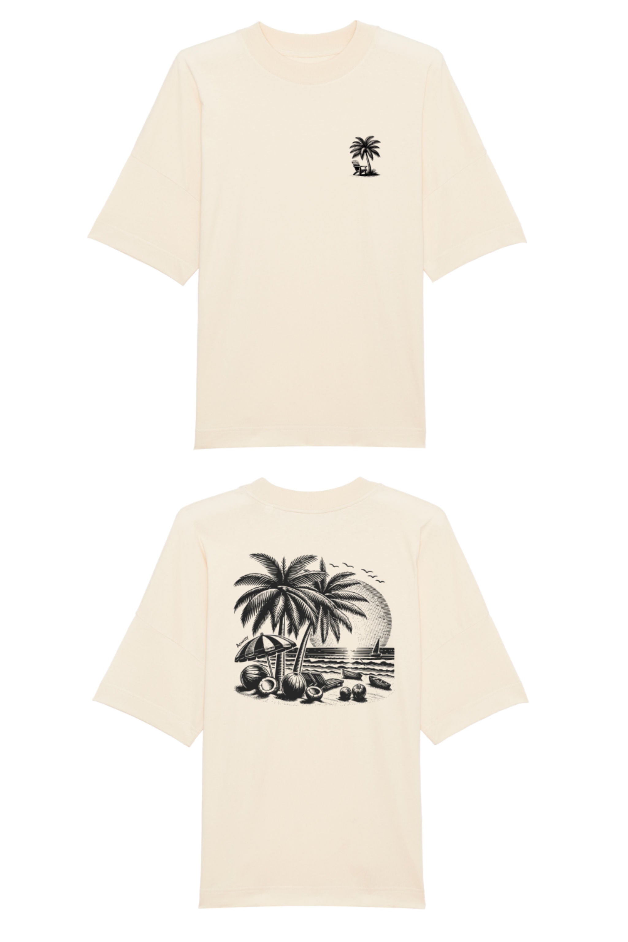 Oversized T-Shirt aus 100 % Bio-Baumwolle mit weitem, modernem Schnitt, erhältlich in Schwarz, Weiss und Natur. Individuell gestaltbar mit Wunschmotiv und frei wählbarer Platzierung. Weiche Qualität, überschnittene Ärmelansätze und lässiger Style für maximalen Tragekomfort. T-Shirt mit kleinem Motiv einer Palme und eines Liegestuhls auf der linken Brust und einem detaillierten Strandmotiv mit Palmen, Kokosnüssen und Sonnenuntergang auf der Rückseite. 