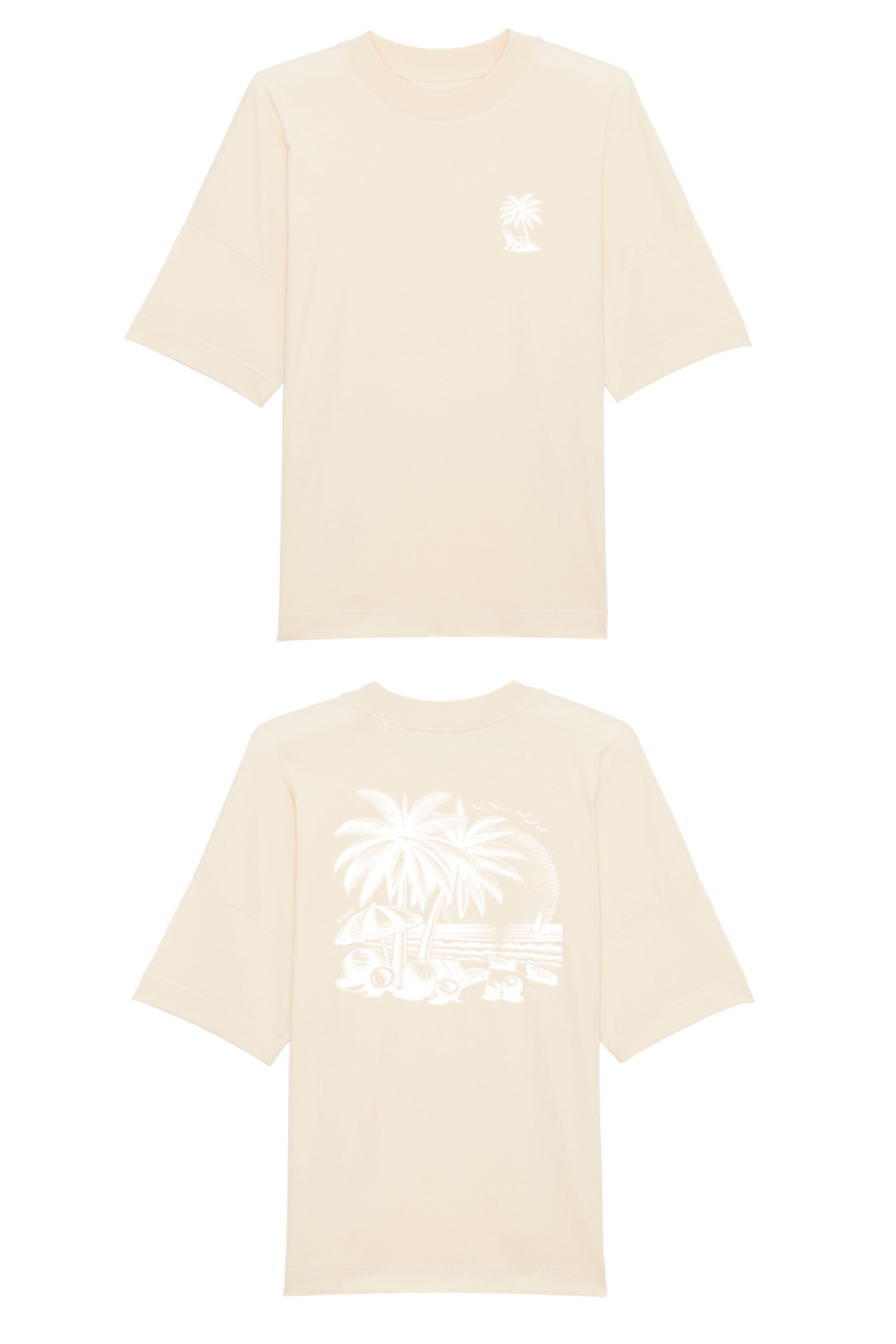Oversized T-Shirt aus 100 % Bio-Baumwolle mit weitem, modernem Schnitt, erhältlich in Schwarz, Weiss und Natur. Individuell gestaltbar mit Wunschmotiv und frei wählbarer Platzierung. Weiche Qualität, überschnittene Ärmelansätze und lässiger Style für maximalen Tragekomfort. T-Shirt mit kleinem Motiv einer Palme und eines Liegestuhls auf der linken Brust und einem detaillierten Strandmotiv mit Palmen, Kokosnüssen und Sonnenuntergang auf der Rückseite. 