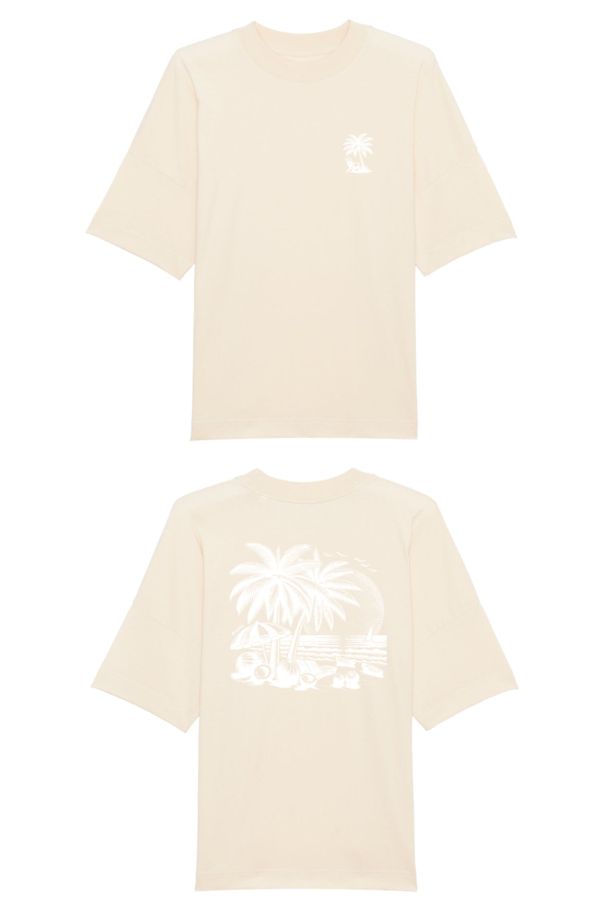 Oversized T-Shirt aus 100 % Bio-Baumwolle mit weitem, modernem Schnitt, erhältlich in Schwarz, Weiss und Natur. Individuell gestaltbar mit Wunschmotiv und frei wählbarer Platzierung. Weiche Qualität, überschnittene Ärmelansätze und lässiger Style für maximalen Tragekomfort. T-Shirt mit kleinem Motiv einer Palme und eines Liegestuhls auf der linken Brust und einem detaillierten Strandmotiv mit Palmen, Kokosnüssen und Sonnenuntergang auf der Rückseite. 