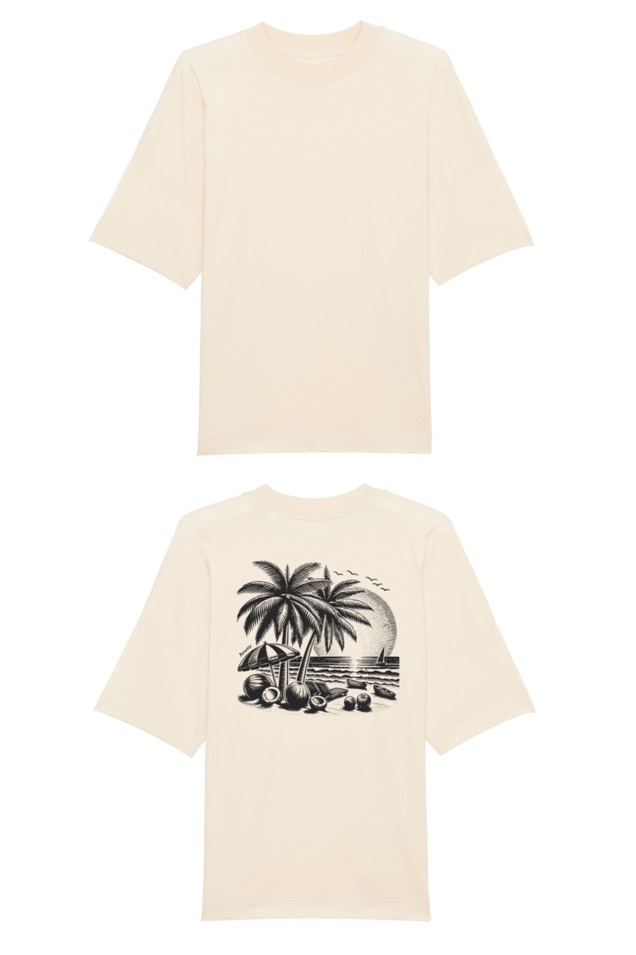 Oversized T-Shirt aus 100 % Bio-Baumwolle mit weitem, modernem Schnitt, erhältlich in Schwarz, Weiss und Natur. Individuell gestaltbar mit Wunschmotiv und frei wählbarer Platzierung. Weiche Qualität, überschnittene Ärmelansätze und lässiger Style für maximalen Tragekomfort. T-Shirt mit einem detaillierten Strandmotiv mit Palmen, Kokosnüssen und Sonnenuntergang auf der Rückseite. 