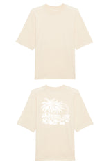 Oversized T-Shirt aus 100 % Bio-Baumwolle mit weitem, modernem Schnitt, erhältlich in Schwarz, Weiss und Natur. Individuell gestaltbar mit Wunschmotiv und frei wählbarer Platzierung. Weiche Qualität, überschnittene Ärmelansätze und lässiger Style für maximalen Tragekomfort. T-Shirt mit einem detaillierten Strandmotiv mit Palmen, Kokosnüssen und Sonnenuntergang auf der Rückseite. 