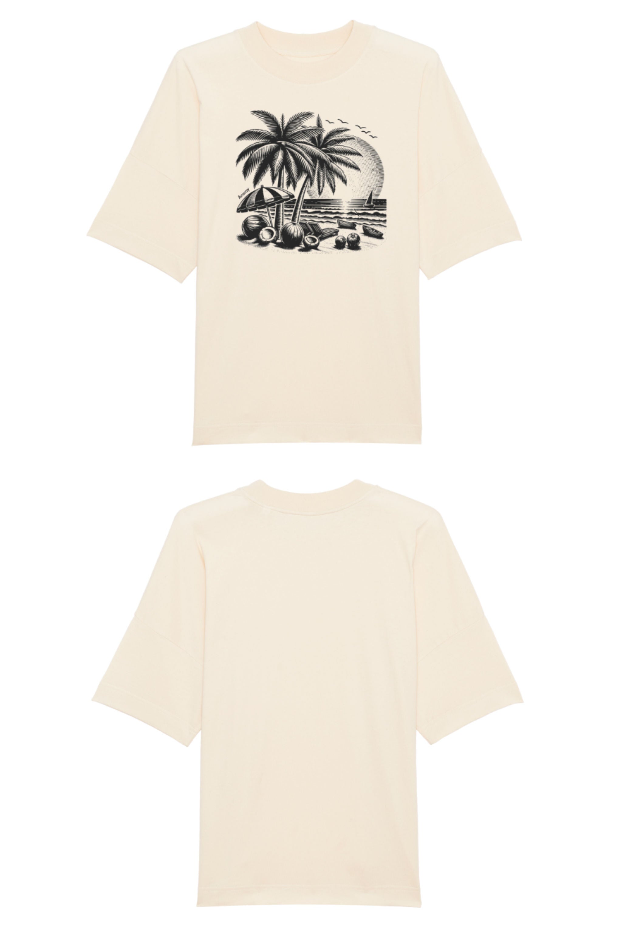 Oversized T-Shirt aus 100 % Bio-Baumwolle mit weitem, modernem Schnitt, erhältlich in Schwarz, Weiss und Natur. Individuell gestaltbar mit Wunschmotiv und frei wählbarer Platzierung. Weiche Qualität, überschnittene Ärmelansätze und lässiger Style für maximalen Tragekomfort.T-Shirt mit einem detaillierten Strandmotiv mit Palmen, Kokosnüssen und Sonnenuntergang auf der Vorderseite. 