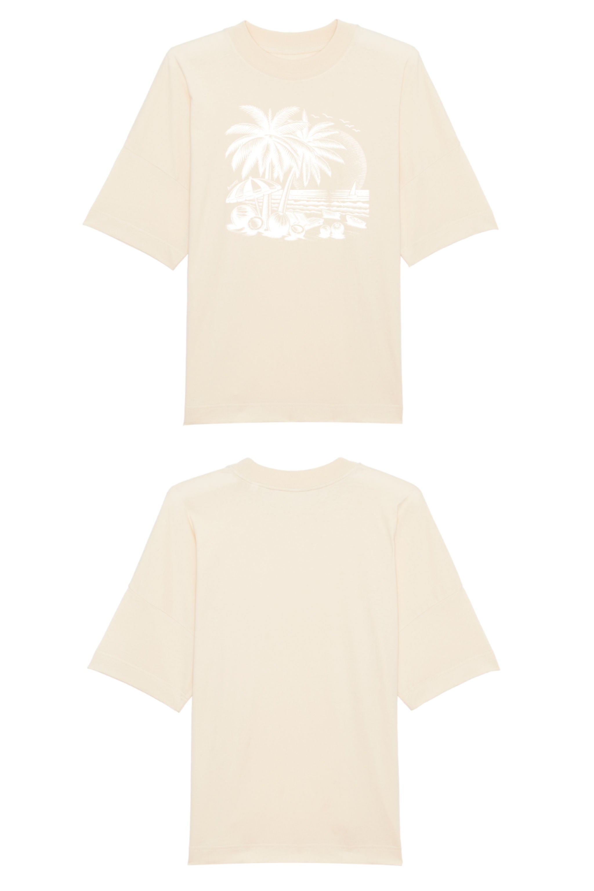 Oversized T-Shirt aus 100 % Bio-Baumwolle mit weitem, modernem Schnitt, erhältlich in Schwarz, Weiss und Natur. Individuell gestaltbar mit Wunschmotiv und frei wählbarer Platzierung. Weiche Qualität, überschnittene Ärmelansätze und lässiger Style für maximalen Tragekomfort.T-Shirt mit einem detaillierten Strandmotiv mit Palmen, Kokosnüssen und Sonnenuntergang auf der Vorderseite. 
