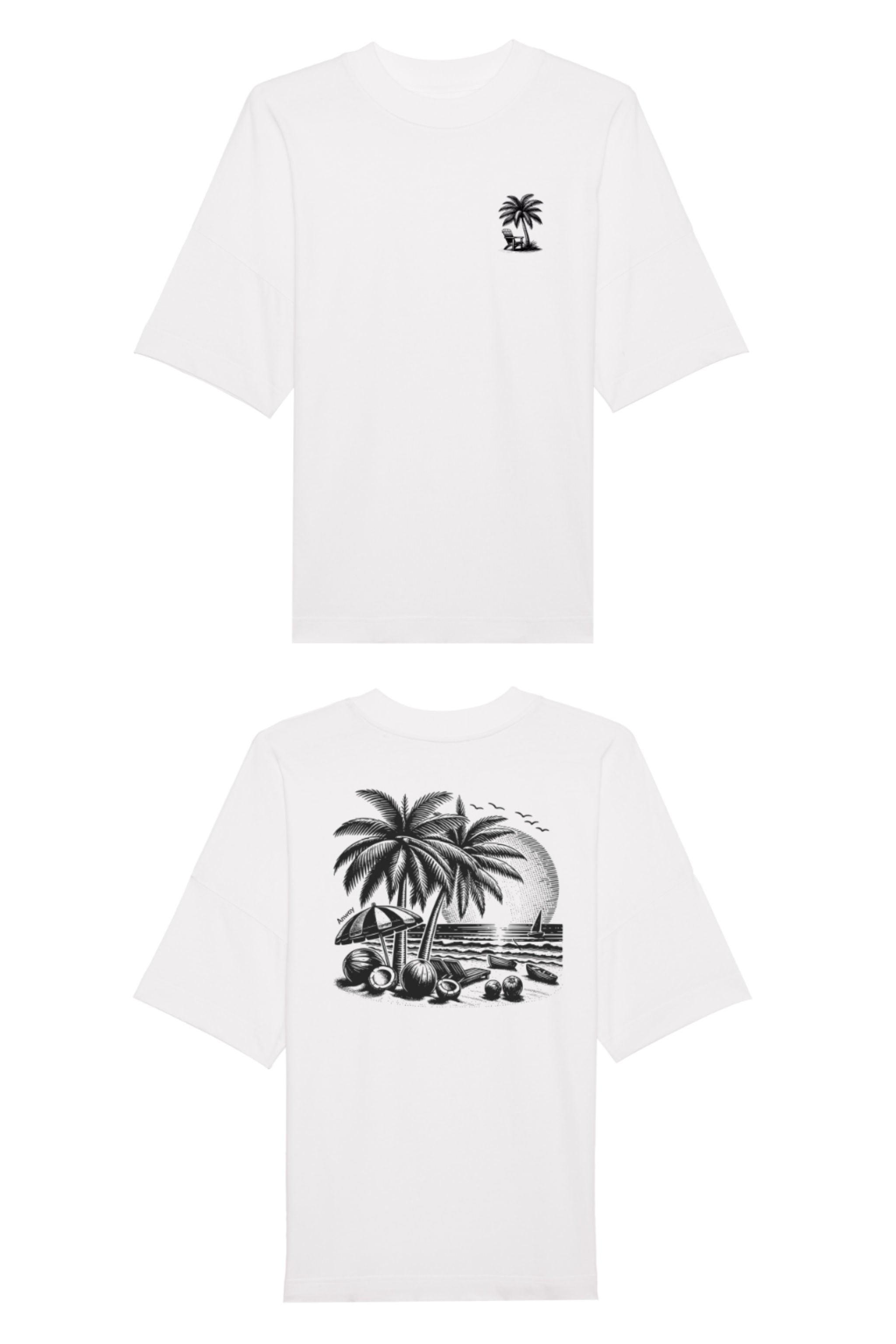Oversized T-Shirt aus 100 % Bio-Baumwolle mit weitem, modernem Schnitt, erhältlich in Schwarz, Weiss und Natur. Individuell gestaltbar mit Wunschmotiv und frei wählbarer Platzierung. Weiche Qualität, überschnittene Ärmelansätze und lässiger Style für maximalen Tragekomfort. T-Shirt mit kleinem Motiv einer Palme und eines Liegestuhls auf der linken Brust und einem detaillierten Strandmotiv mit Palmen, Kokosnüssen und Sonnenuntergang auf der Rückseite. 