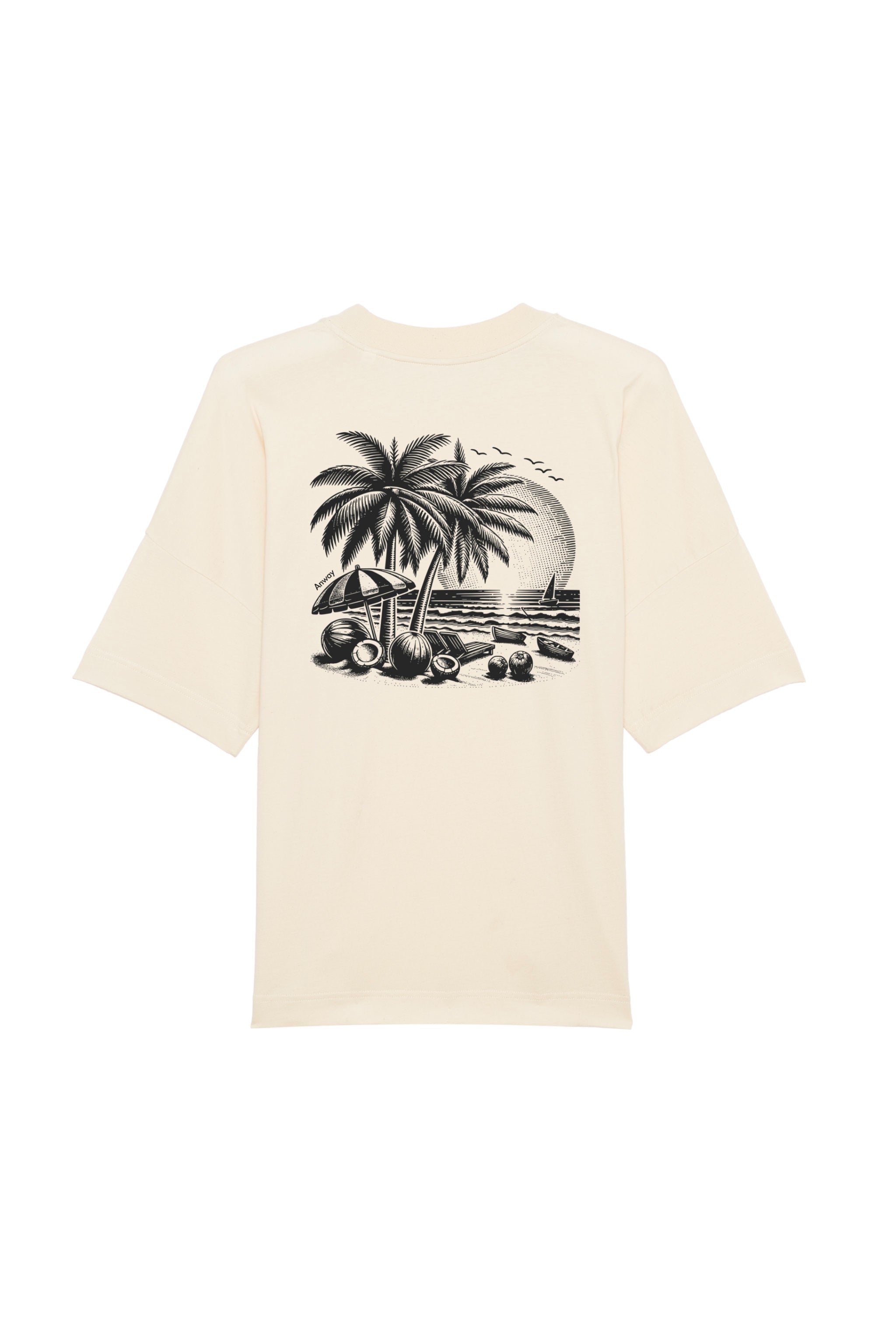 Oversized T-Shirt aus 100 % Bio-Baumwolle mit weitem, modernem Schnitt, erhältlich in Schwarz, Weiss und Natur. Individuell gestaltbar mit Wunschmotiv und frei wählbarer Platzierung. Weiche Qualität, überschnittene Ärmelansätze und lässiger Style für maximalen Tragekomfort. T-Shirt mit kleinem Motiv einer Palme und eines Liegestuhls auf der linken Brust und einem detaillierten Strandmotiv mit Palmen, Kokosnüssen und Sonnenuntergang auf der Rückseite. 
