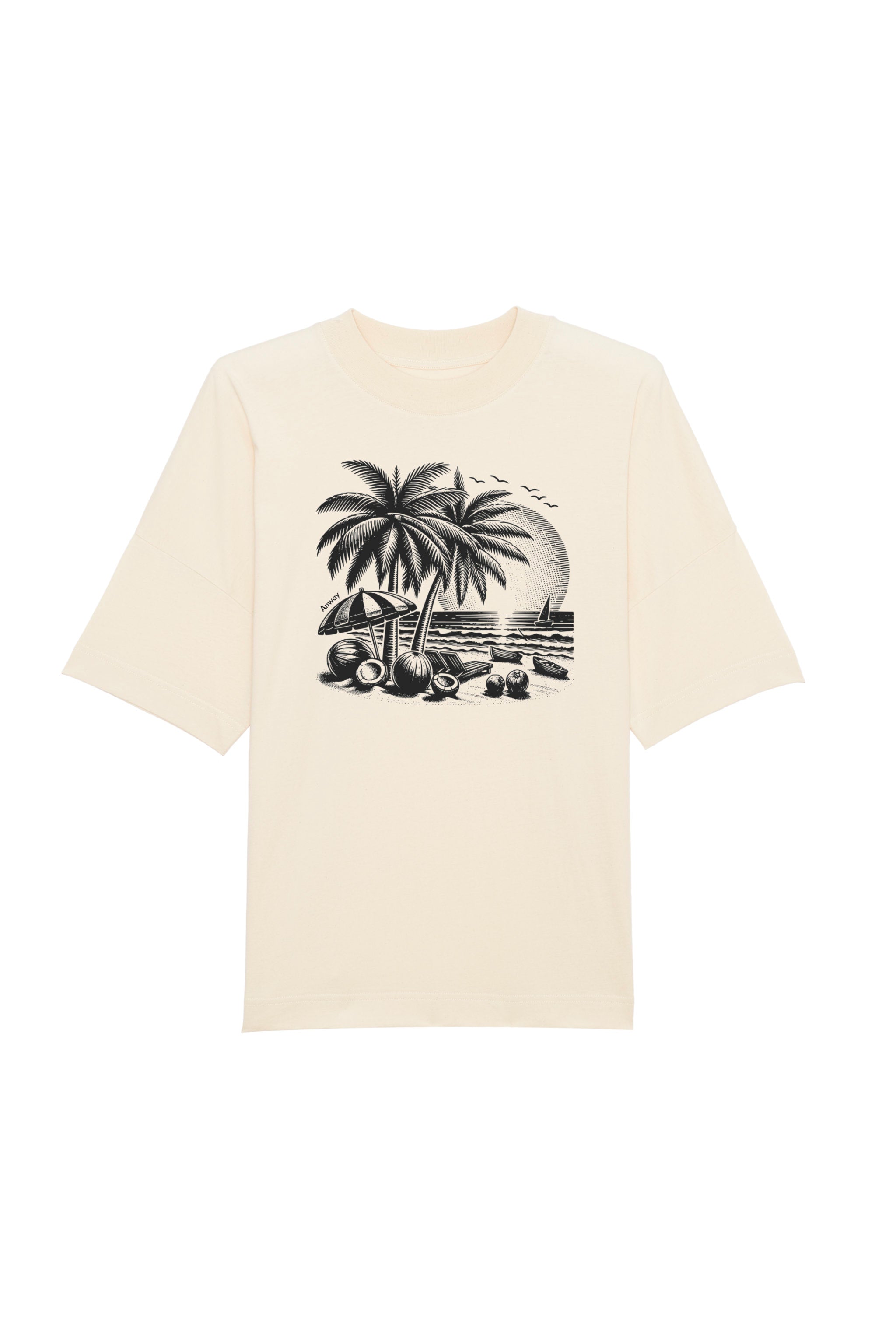 Oversized T-Shirt aus 100 % Bio-Baumwolle mit weitem, modernem Schnitt, erhältlich in Schwarz, Weiss und Natur. Individuell gestaltbar mit Wunschmotiv und frei wählbarer Platzierung. Weiche Qualität, überschnittene Ärmelansätze und lässiger Style für maximalen Tragekomfort.T-Shirt mit einem detaillierten Strandmotiv mit Palmen, Kokosnüssen und Sonnenuntergang auf der Vorderseite. 