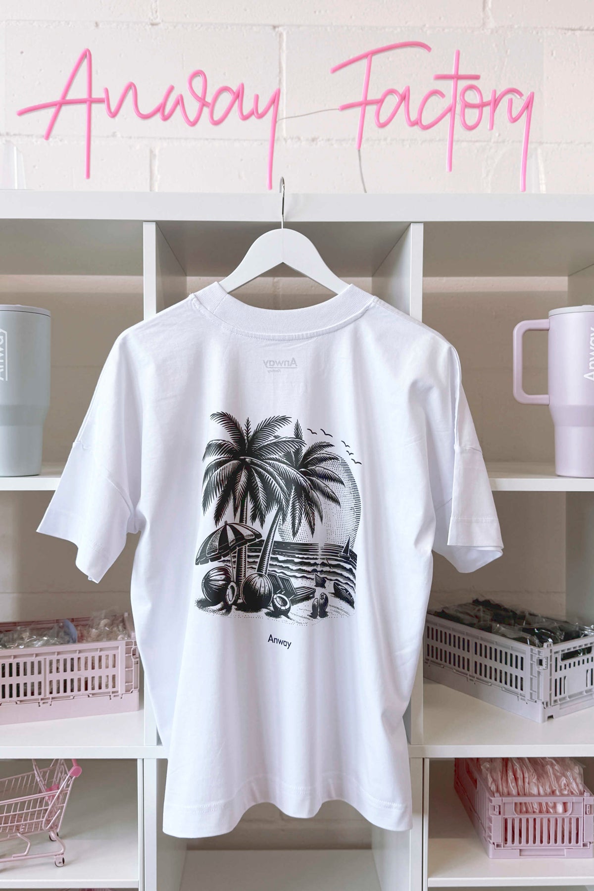 T-Shirt white weiss Oversized Print schwarz Palmen Summer 2. Wahl
