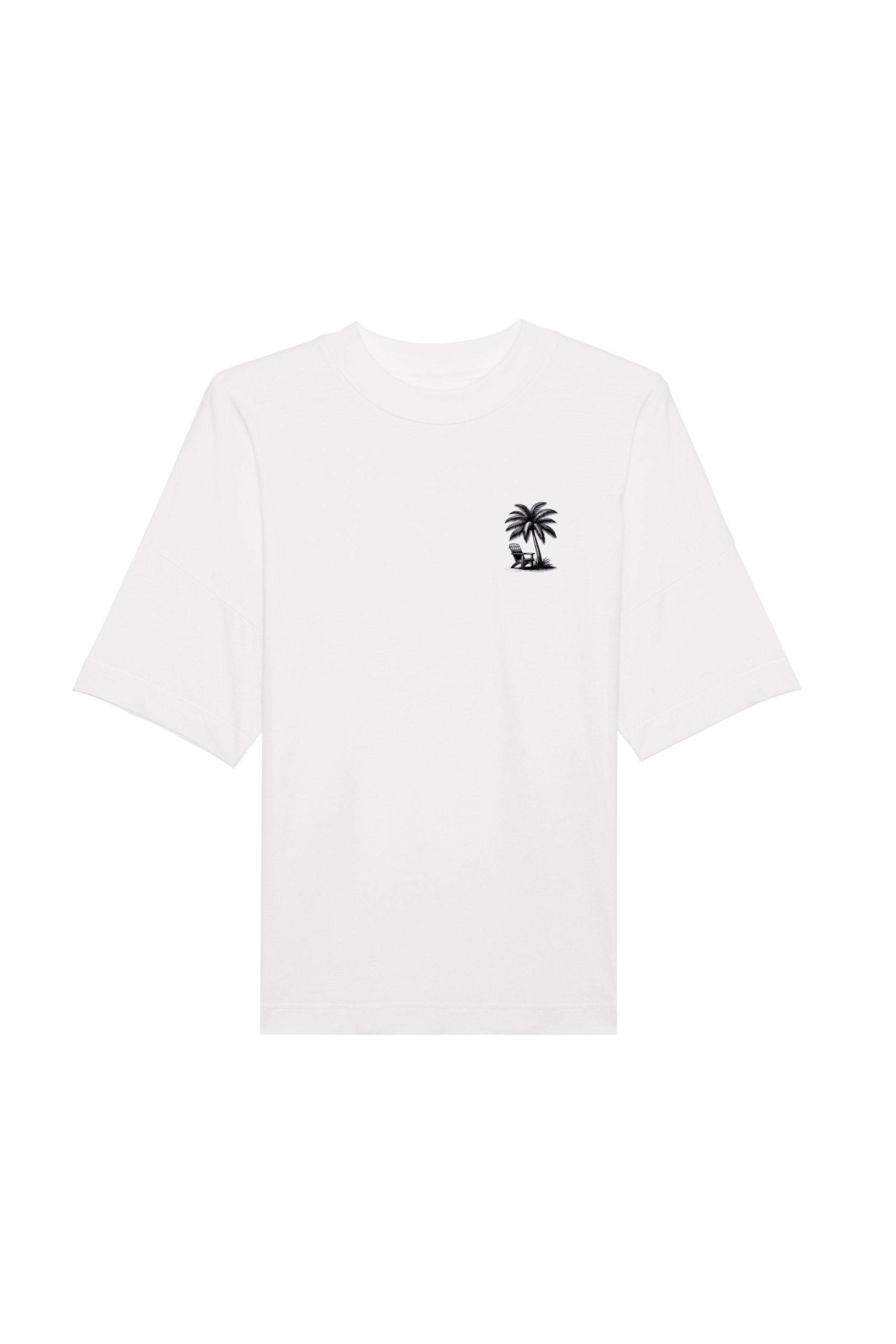 Oversized T-Shirt aus 100 % Bio-Baumwolle mit weitem, modernem Schnitt, erhältlich in Schwarz, Weiss und Natur. Individuell gestaltbar mit Wunschmotiv und frei wählbarer Platzierung. Weiche Qualität, überschnittene Ärmelansätze und lässiger Style für maximalen Tragekomfort. T-Shirt mit kleinem Motiv einer Palme und eines Liegestuhls auf der linken Brust und einem detaillierten Strandmotiv mit Palmen, Kokosnüssen und Sonnenuntergang auf der Rückseite. 