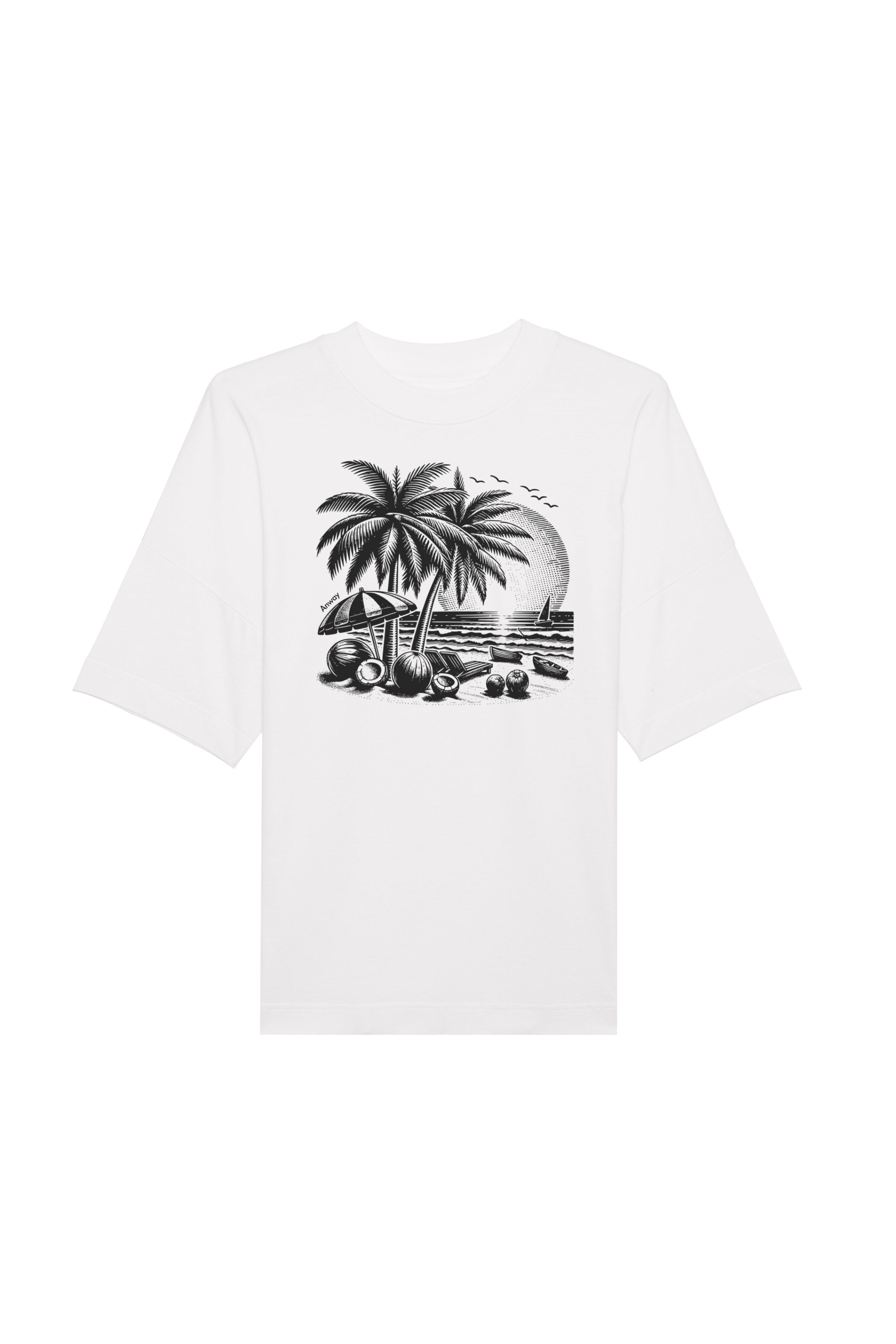 Oversized T-Shirt aus 100 % Bio-Baumwolle mit weitem, modernem Schnitt, erhältlich in Schwarz, Weiss und Natur. Individuell gestaltbar mit Wunschmotiv und frei wählbarer Platzierung. Weiche Qualität, überschnittene Ärmelansätze und lässiger Style für maximalen Tragekomfort.T-Shirt mit einem detaillierten Strandmotiv mit Palmen, Kokosnüssen und Sonnenuntergang auf der Vorderseite. 