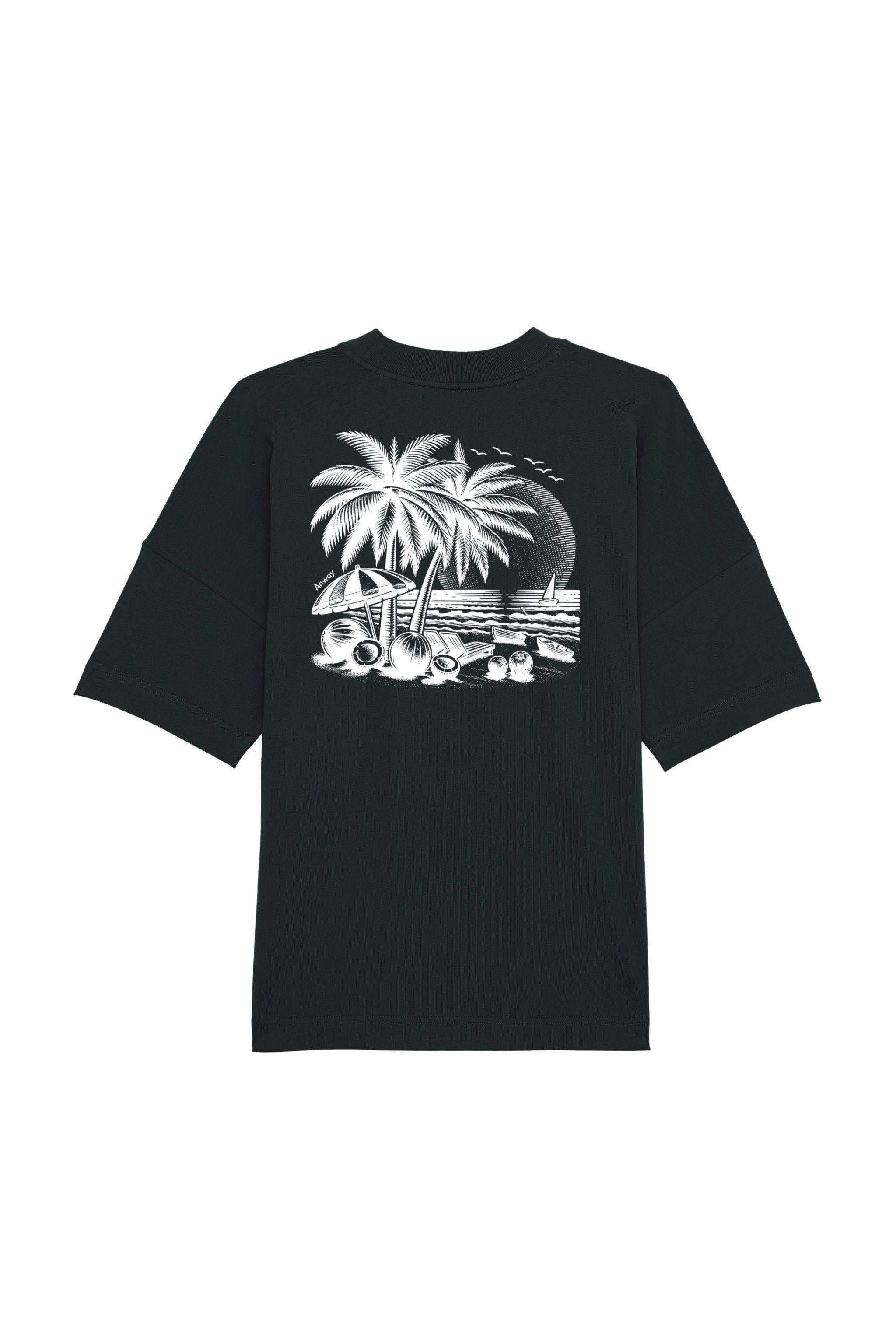 Oversized T-Shirt aus 100 % Bio-Baumwolle mit weitem, modernem Schnitt, erhältlich in Schwarz, Weiss und Natur. Individuell gestaltbar mit Wunschmotiv und frei wählbarer Platzierung. Weiche Qualität, überschnittene Ärmelansätze und lässiger Style für maximalen Tragekomfort. T-Shirt mit einem detaillierten Strandmotiv mit Palmen, Kokosnüssen und Sonnenuntergang auf der Rückseite. 