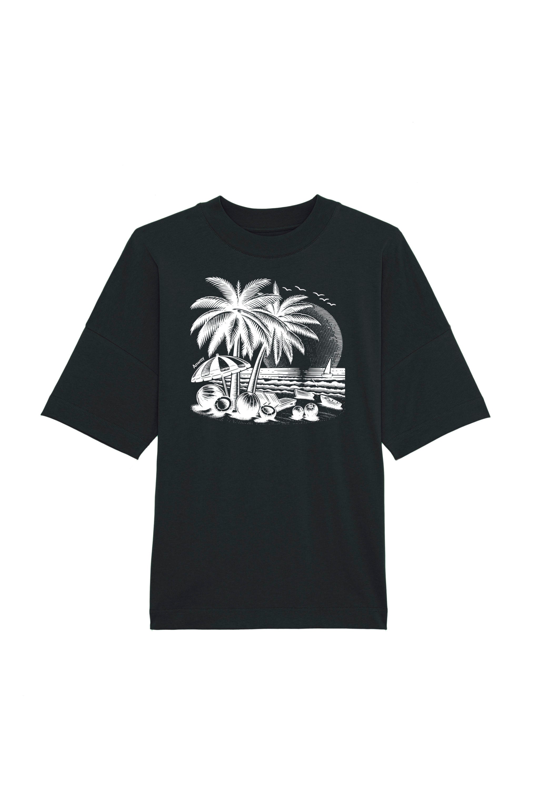 Oversized T-Shirt aus 100 % Bio-Baumwolle mit weitem, modernem Schnitt, erhältlich in Schwarz, Weiss und Natur. Individuell gestaltbar mit Wunschmotiv und frei wählbarer Platzierung. Weiche Qualität, überschnittene Ärmelansätze und lässiger Style für maximalen Tragekomfort.T-Shirt mit einem detaillierten Strandmotiv mit Palmen, Kokosnüssen und Sonnenuntergang auf der Vorderseite. 