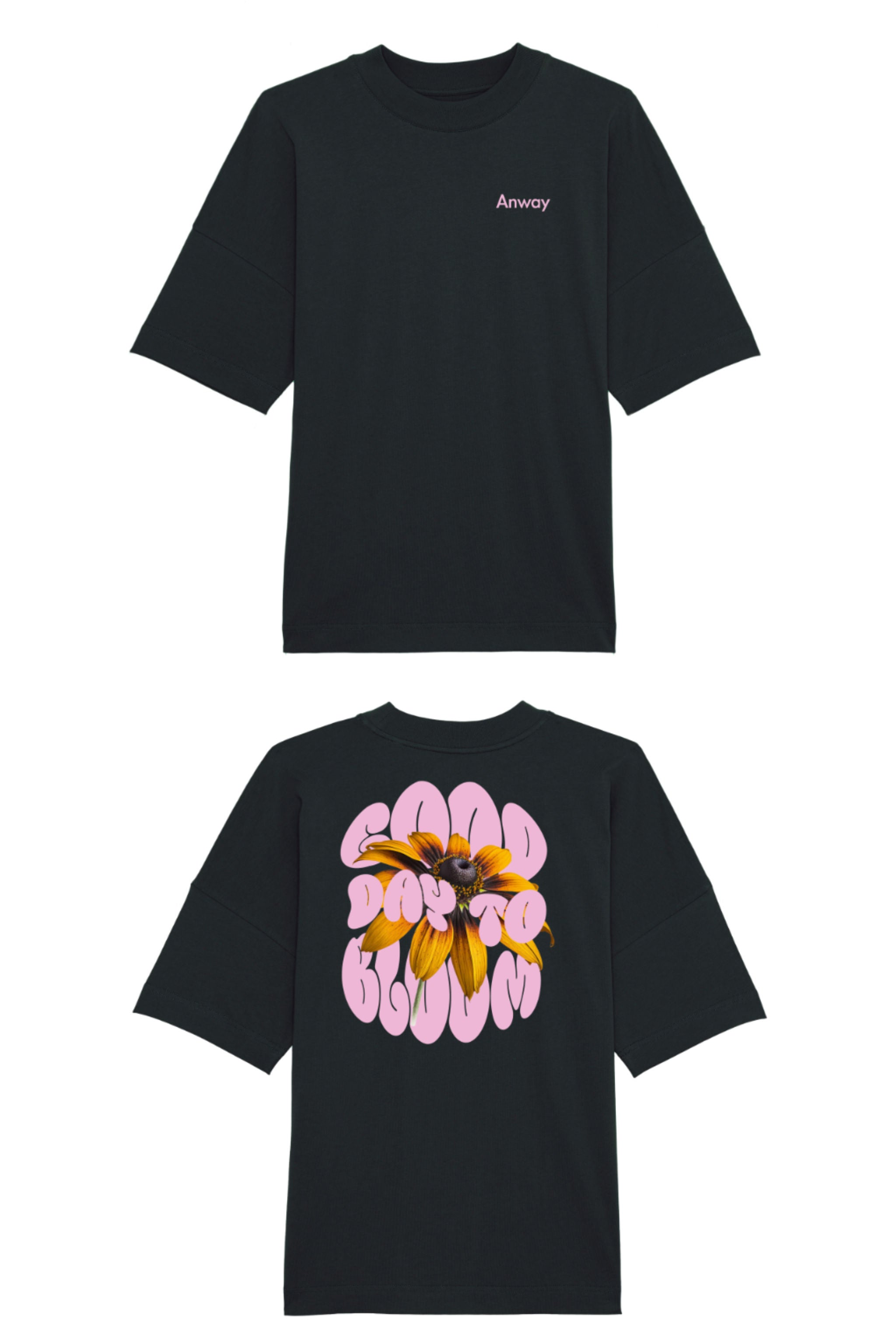 Oversized T-Shirt aus 100 % Bio-Baumwolle mit weitem, modernem Schnitt, erhältlich in Schwarz, Weiss und Natur. Individuell gestaltbar mit Wunschmotiv und frei wählbarer Platzierung. Weiche Qualität, überschnittene Ärmelansätze und lässiger Style für maximalen Tragekomfort. Vorderseite: Kleiner „Anway“-Schriftzug auf der linken Brust. Rückseite: Grosses Design mit Sonnenblume und Text „GOOD DAY TO BLOOM“.