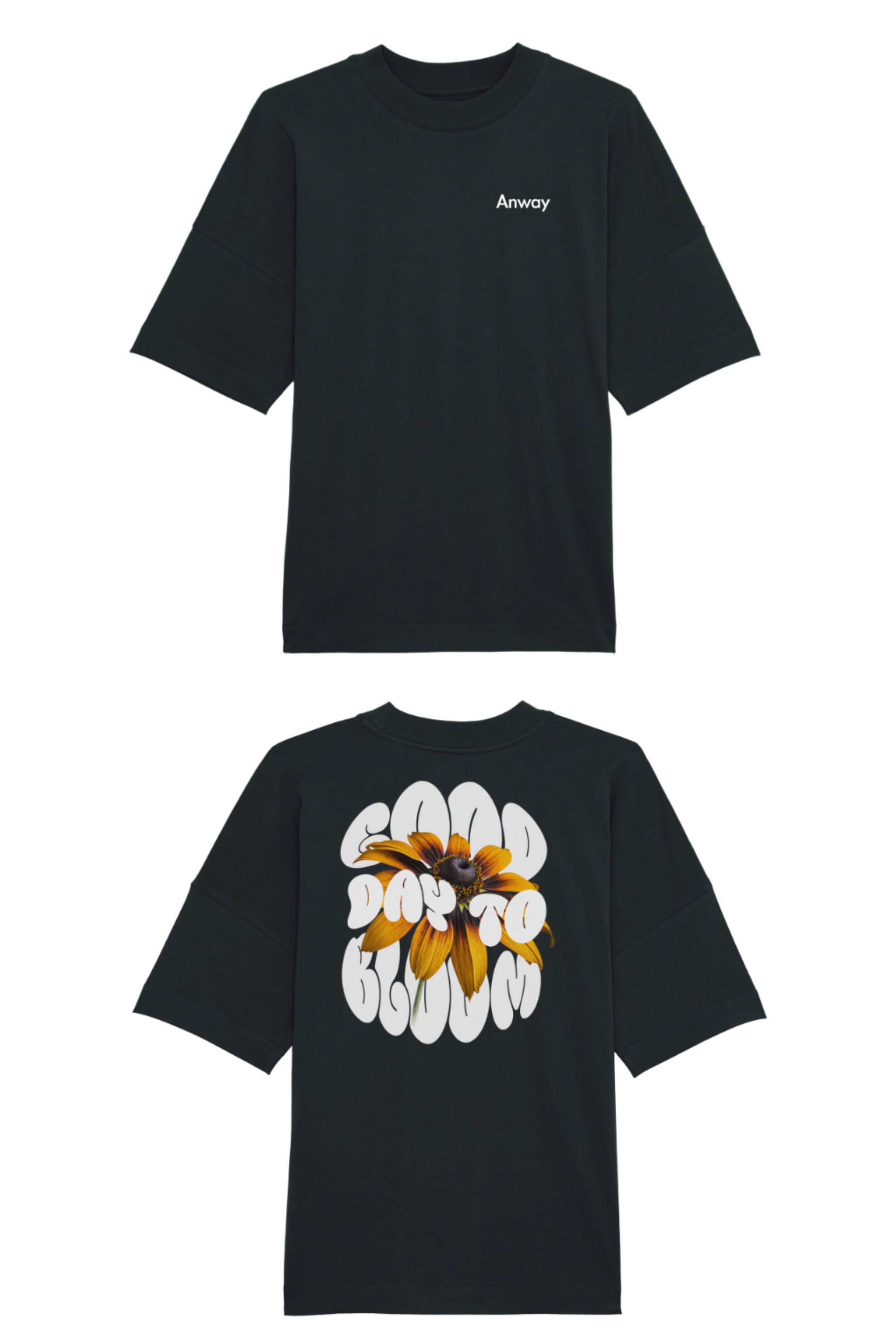 Oversized T-Shirt aus 100 % Bio-Baumwolle mit weitem, modernem Schnitt, erhältlich in Schwarz, Weiss und Natur. Individuell gestaltbar mit Wunschmotiv und frei wählbarer Platzierung. Weiche Qualität, überschnittene Ärmelansätze und lässiger Style für maximalen Tragekomfort. Vorderseite: Kleiner „Anway“-Schriftzug auf der linken Brust. Rückseite: Grosses Design mit Sonnenblume und Text „GOOD DAY TO BLOOM“.