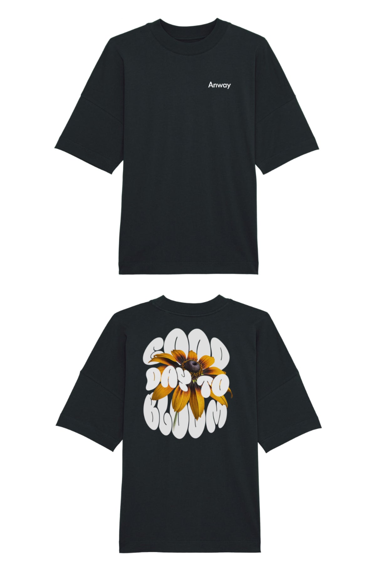 Oversized T-Shirt aus 100 % Bio-Baumwolle mit weitem, modernem Schnitt, erhältlich in Schwarz, Weiss und Natur. Individuell gestaltbar mit Wunschmotiv und frei wählbarer Platzierung. Weiche Qualität, überschnittene Ärmelansätze und lässiger Style für maximalen Tragekomfort. Vorderseite: Kleiner „Anway“-Schriftzug auf der linken Brust. Rückseite: Grosses Design mit Sonnenblume und Text „GOOD DAY TO BLOOM“.