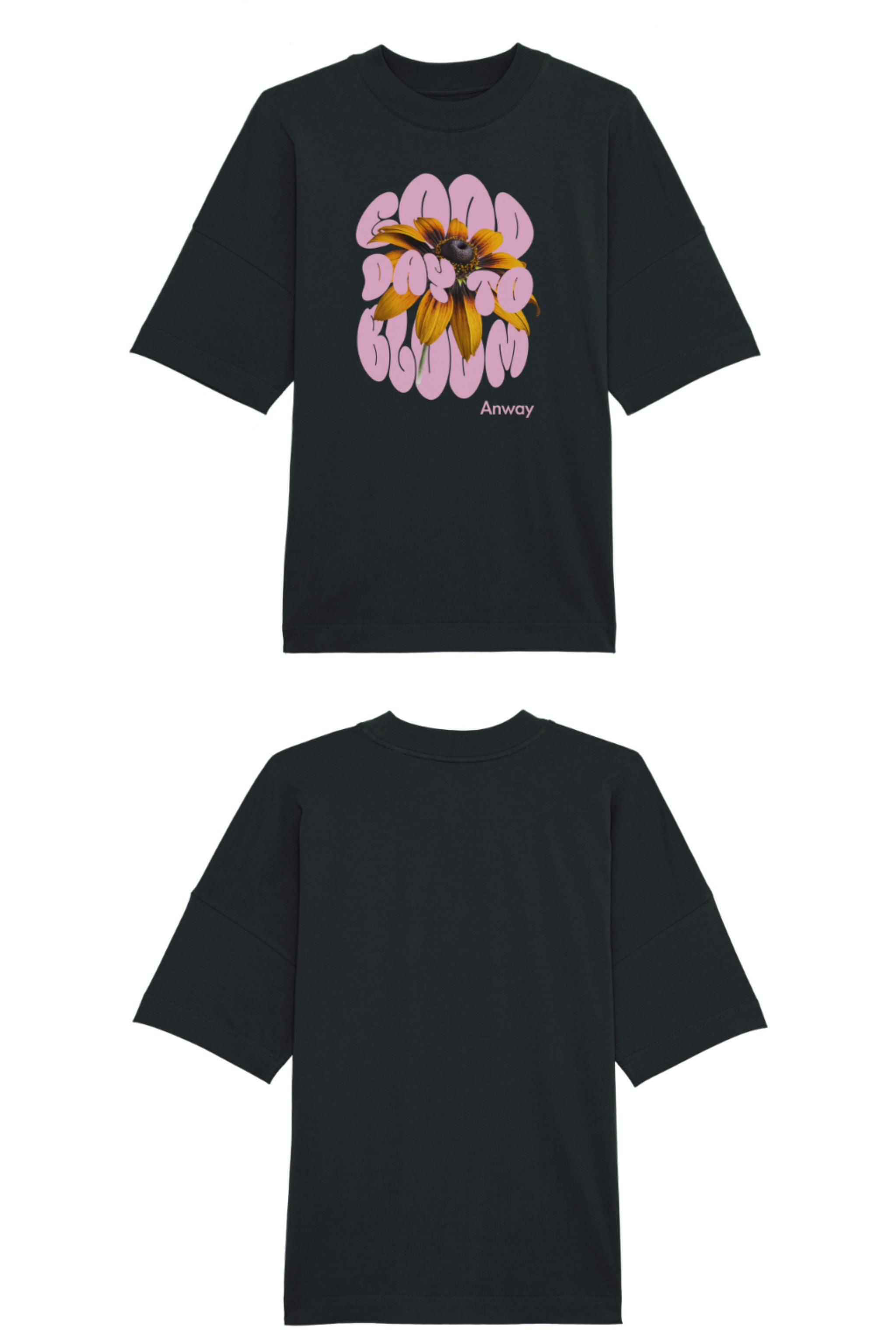 Oversized T-Shirt aus 100 % Bio-Baumwolle mit weitem, modernem Schnitt, erhältlich in Schwarz, Weiss und Natur. Individuell gestaltbar mit Wunschmotiv und frei wählbarer Platzierung. Weiche Qualität, überschnittene Ärmelansätze und lässiger Style für maximalen Tragekomfort. Design mit Sonnenblume und Text „GOOD DAY TO BLOOM“ auf der Vorderseite.
