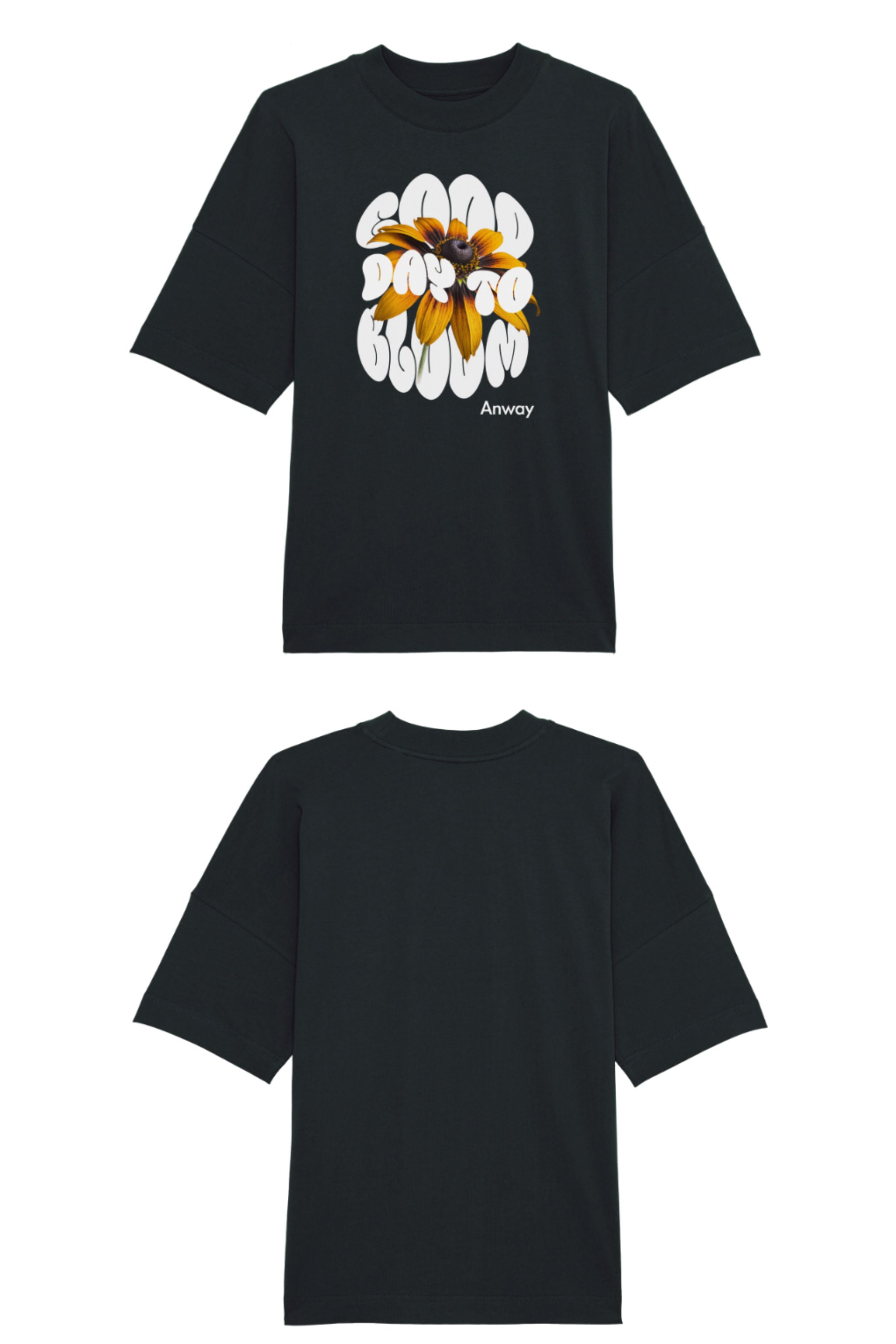 Oversized T-Shirt aus 100 % Bio-Baumwolle mit weitem, modernem Schnitt, erhältlich in Schwarz, Weiss und Natur. Individuell gestaltbar mit Wunschmotiv und frei wählbarer Platzierung. Weiche Qualität, überschnittene Ärmelansätze und lässiger Style für maximalen Tragekomfort. Design mit Sonnenblume und Text „GOOD DAY TO BLOOM“ auf der Vorderseite.