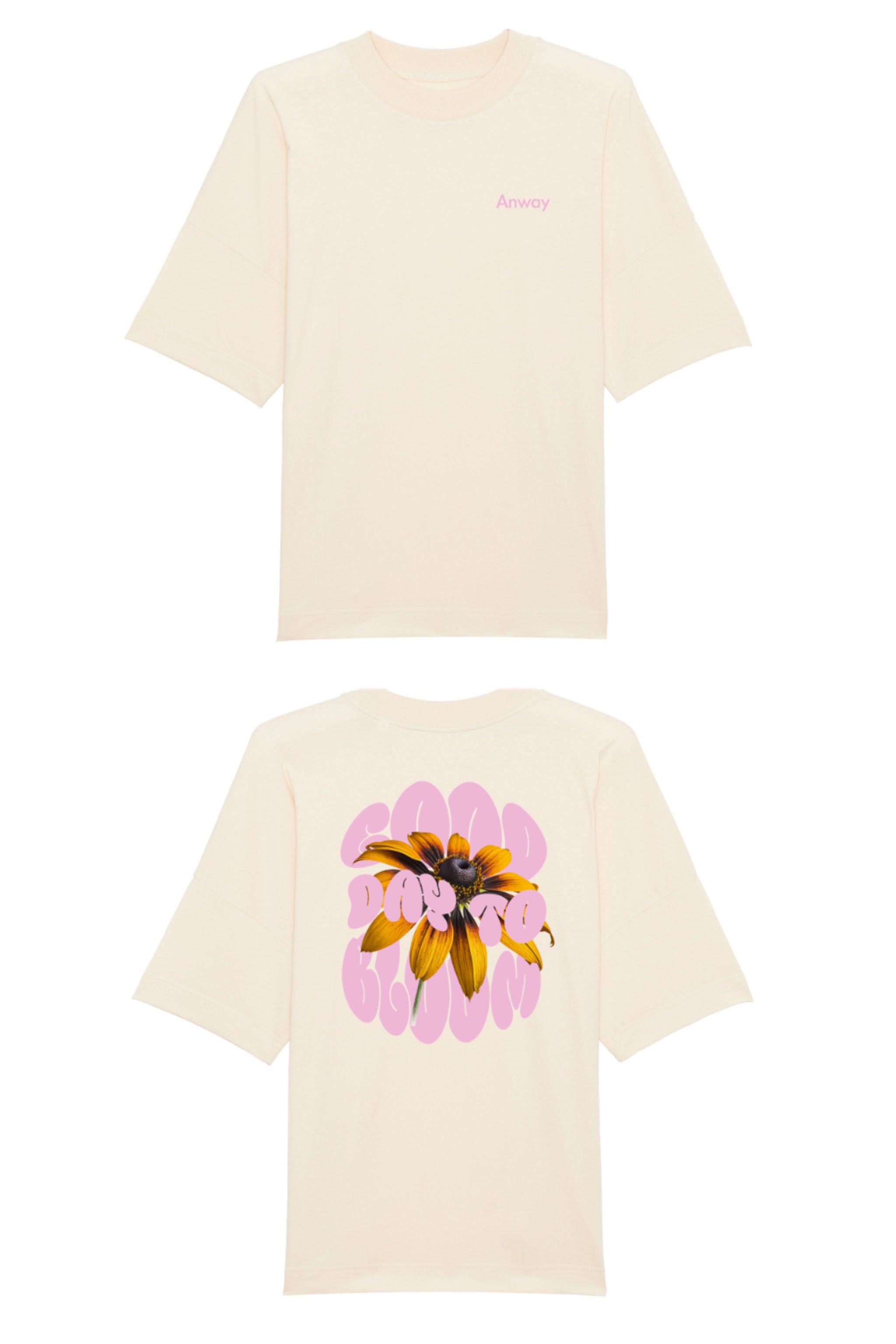 Oversized T-Shirt aus 100 % Bio-Baumwolle mit weitem, modernem Schnitt, erhältlich in Schwarz, Weiss und Natur. Individuell gestaltbar mit Wunschmotiv und frei wählbarer Platzierung. Weiche Qualität, überschnittene Ärmelansätze und lässiger Style für maximalen Tragekomfort. Vorderseite: Kleiner „Anway“-Schriftzug auf der linken Brust. Rückseite: Grosses Design mit Sonnenblume und Text „GOOD DAY TO BLOOM“.