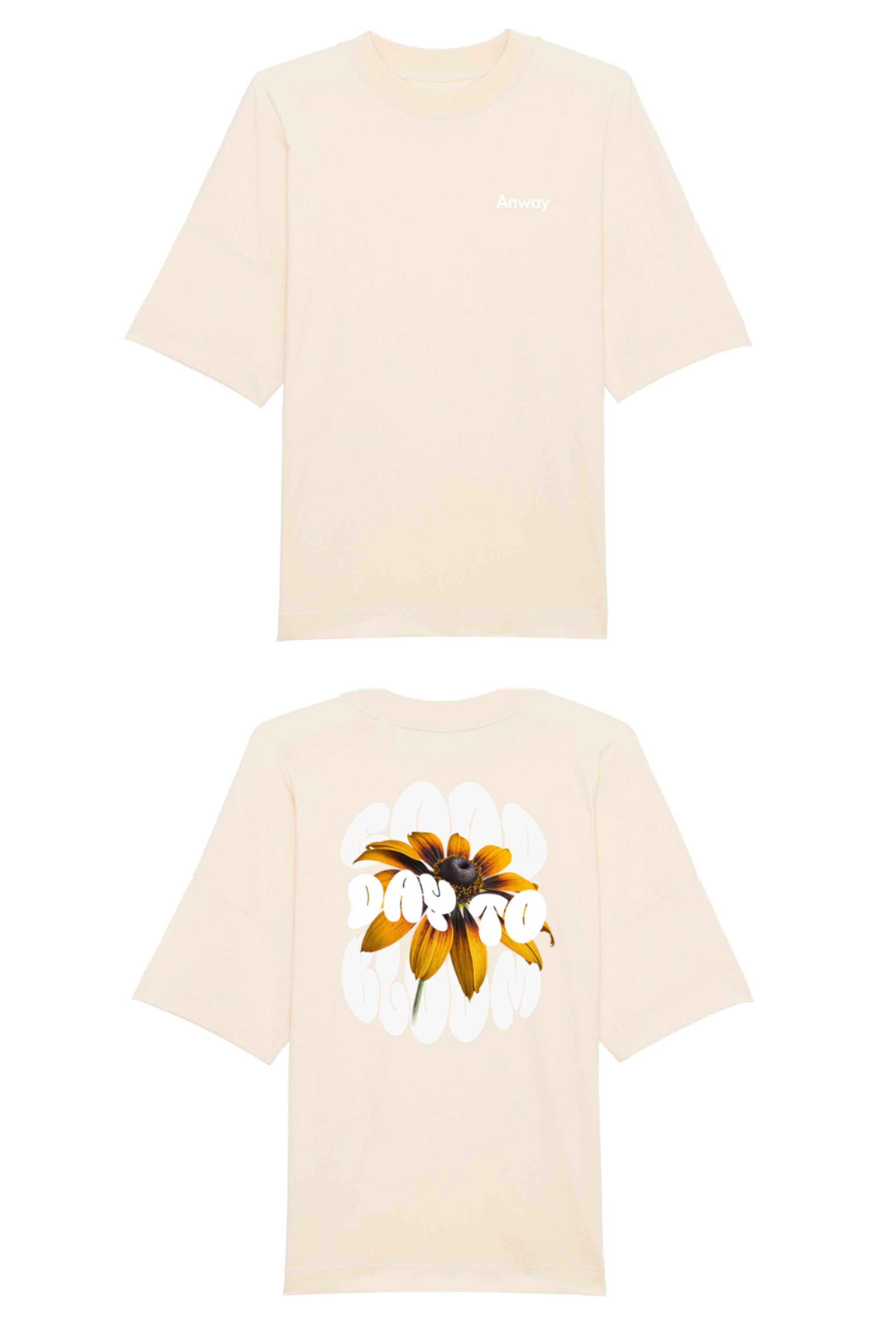 Oversized T-Shirt aus 100 % Bio-Baumwolle mit weitem, modernem Schnitt, erhältlich in Schwarz, Weiss und Natur. Individuell gestaltbar mit Wunschmotiv und frei wählbarer Platzierung. Weiche Qualität, überschnittene Ärmelansätze und lässiger Style für maximalen Tragekomfort. Vorderseite: Kleiner „Anway“-Schriftzug auf der linken Brust. Rückseite: Grosses Design mit Sonnenblume und Text „GOOD DAY TO BLOOM“.