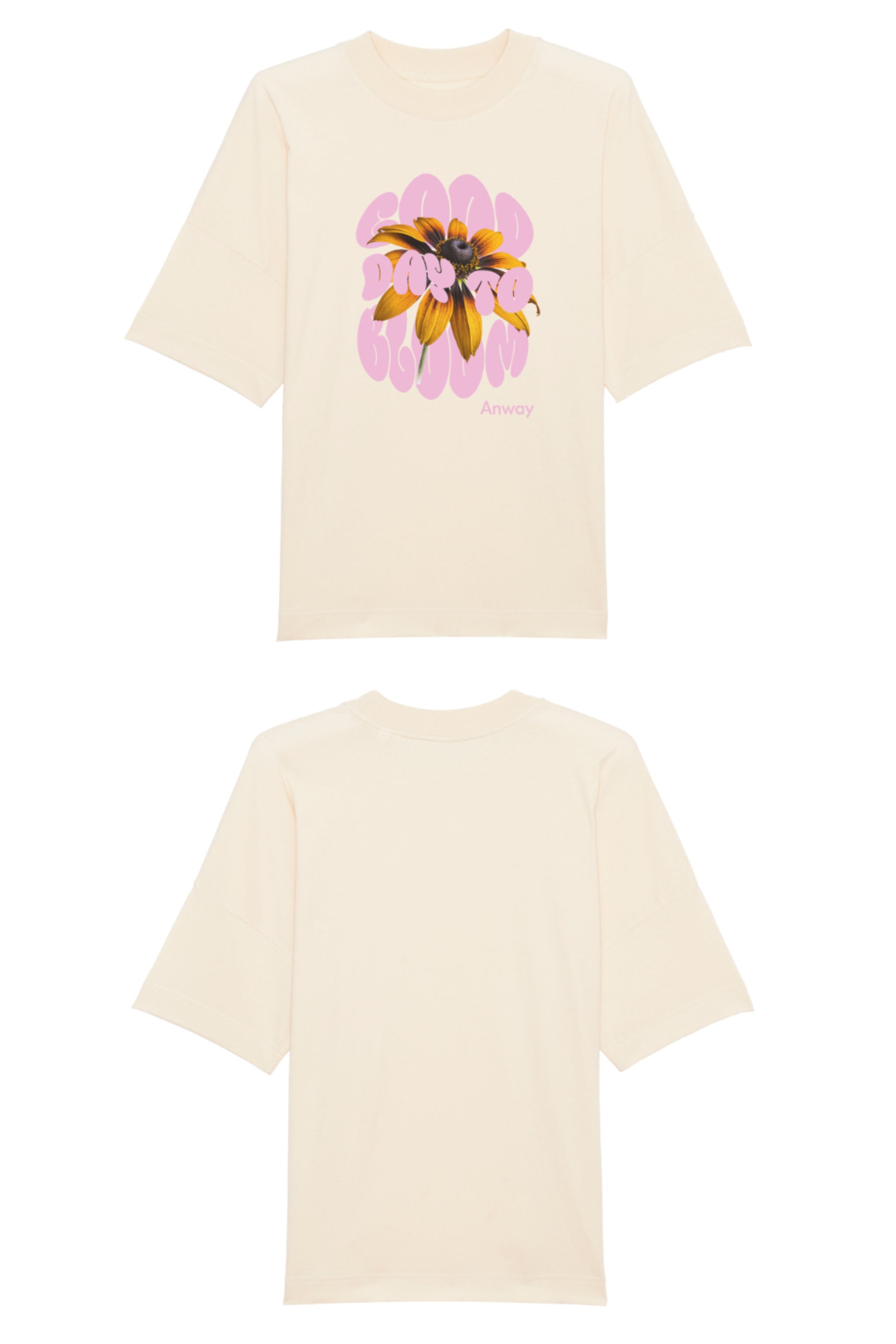Oversized T-Shirt aus 100 % Bio-Baumwolle mit weitem, modernem Schnitt, erhältlich in Schwarz, Weiss und Natur. Individuell gestaltbar mit Wunschmotiv und frei wählbarer Platzierung. Weiche Qualität, überschnittene Ärmelansätze und lässiger Style für maximalen Tragekomfort. Design mit Sonnenblume und Text „GOOD DAY TO BLOOM“ auf der Vorderseite.