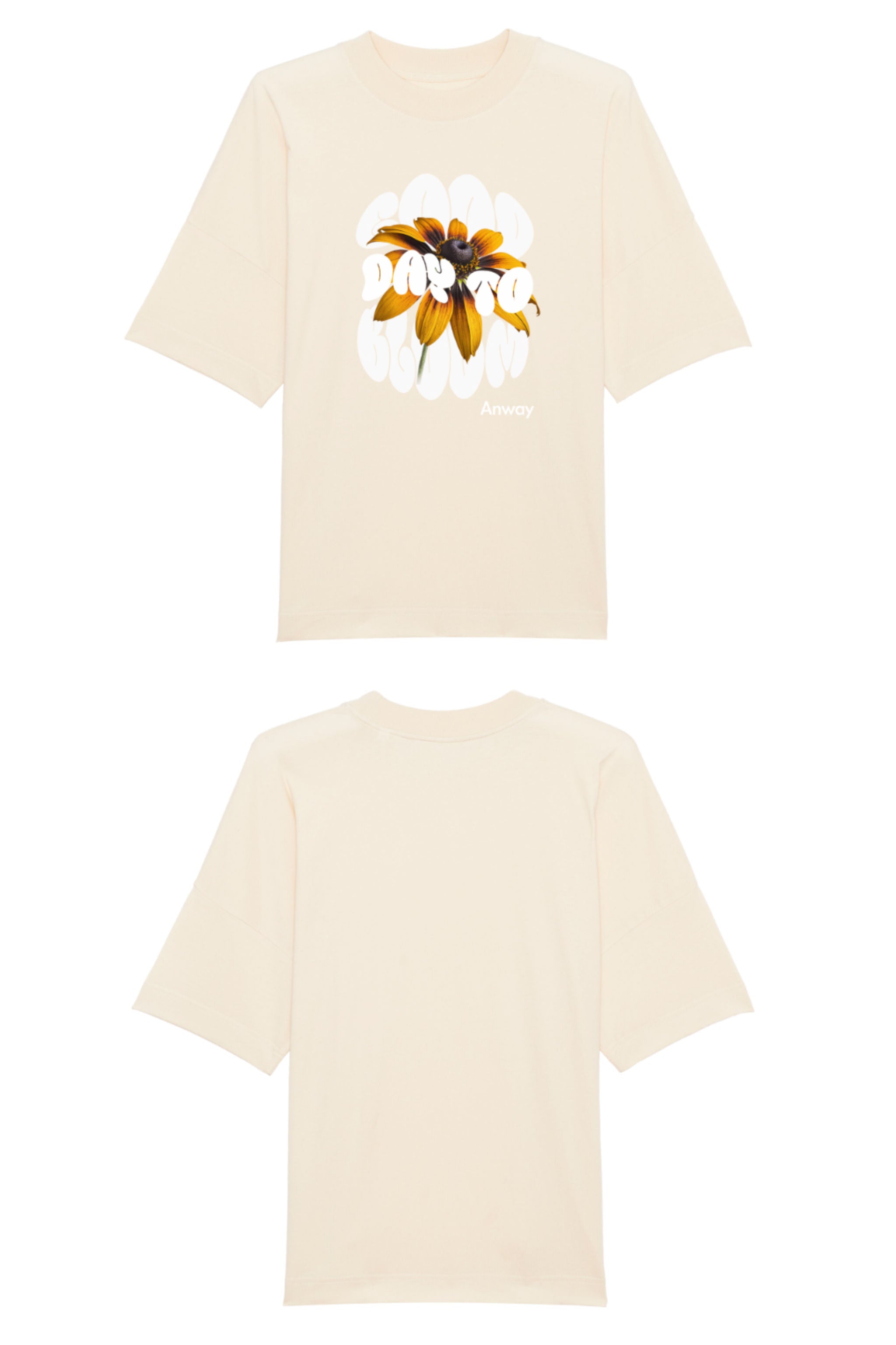 Oversized T-Shirt aus 100 % Bio-Baumwolle mit weitem, modernem Schnitt, erhältlich in Schwarz, Weiss und Natur. Individuell gestaltbar mit Wunschmotiv und frei wählbarer Platzierung. Weiche Qualität, überschnittene Ärmelansätze und lässiger Style für maximalen Tragekomfort. Design mit Sonnenblume und Text „GOOD DAY TO BLOOM“ auf der Vorderseite.