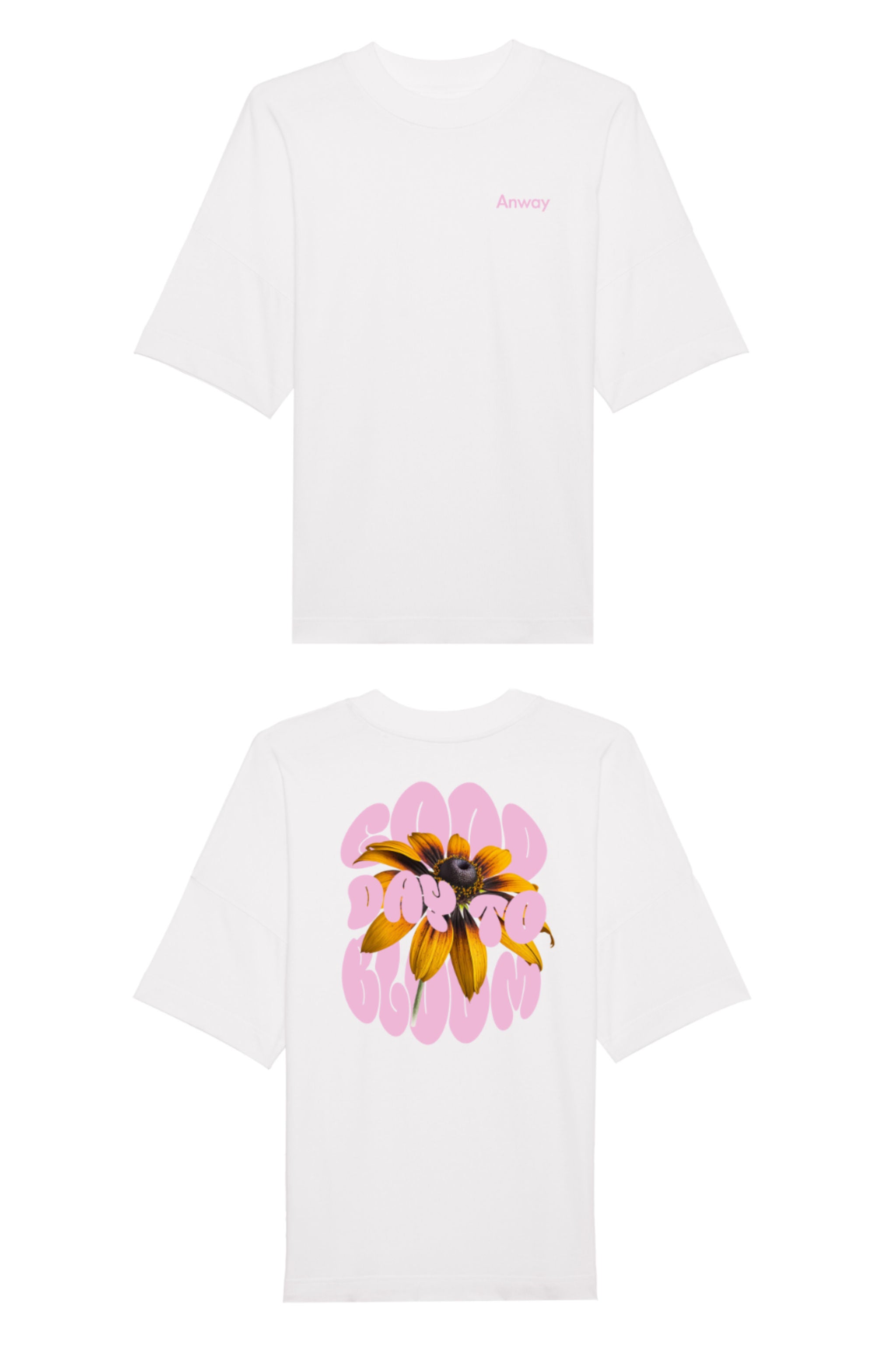 Oversized T-Shirt aus 100 % Bio-Baumwolle mit weitem, modernem Schnitt, erhältlich in Schwarz, Weiss und Natur. Individuell gestaltbar mit Wunschmotiv und frei wählbarer Platzierung. Weiche Qualität, überschnittene Ärmelansätze und lässiger Style für maximalen Tragekomfort. Vorderseite: Kleiner „Anway“-Schriftzug auf der linken Brust. Rückseite: Grosses Design mit Sonnenblume und Text „GOOD DAY TO BLOOM“.