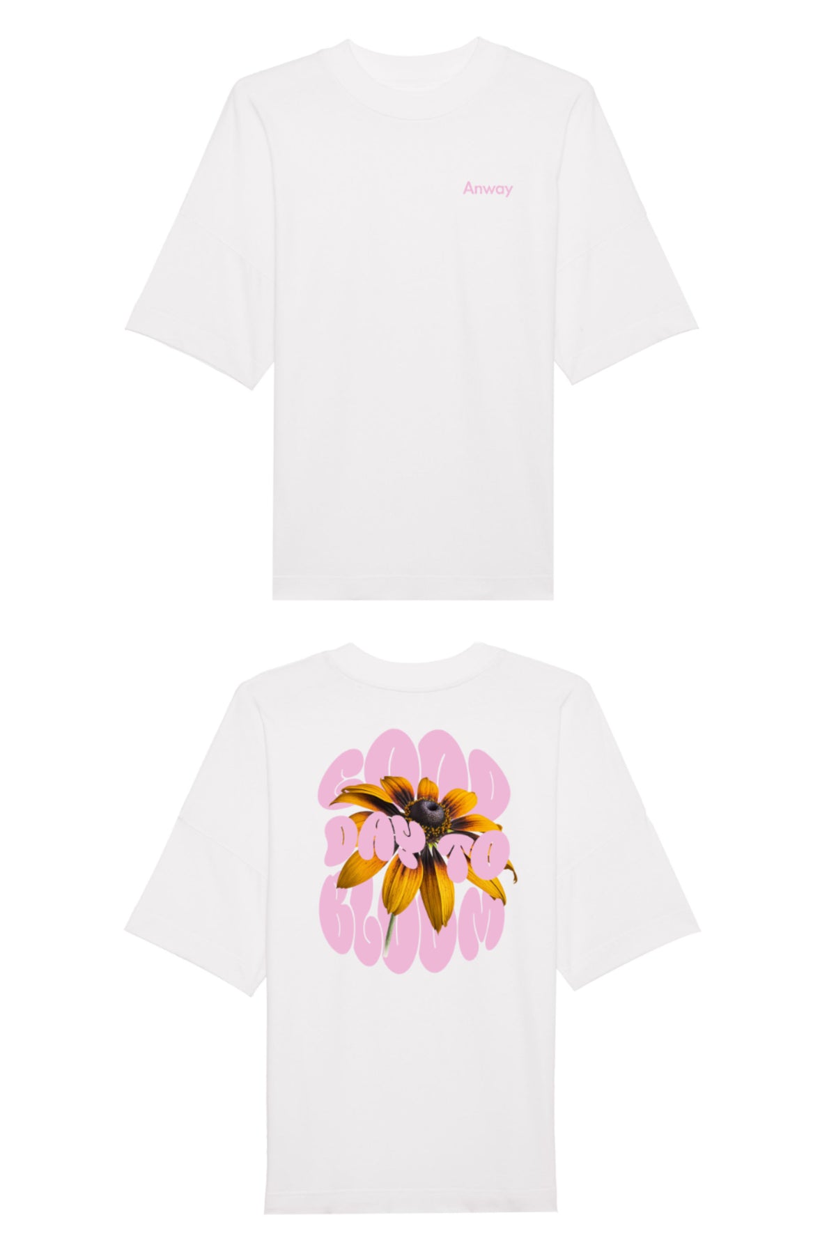 Oversized T-Shirt aus 100 % Bio-Baumwolle mit weitem, modernem Schnitt, erhältlich in Schwarz, Weiss und Natur. Individuell gestaltbar mit Wunschmotiv und frei wählbarer Platzierung. Weiche Qualität, überschnittene Ärmelansätze und lässiger Style für maximalen Tragekomfort. Vorderseite: Kleiner „Anway“-Schriftzug auf der linken Brust. Rückseite: Grosses Design mit Sonnenblume und Text „GOOD DAY TO BLOOM“.