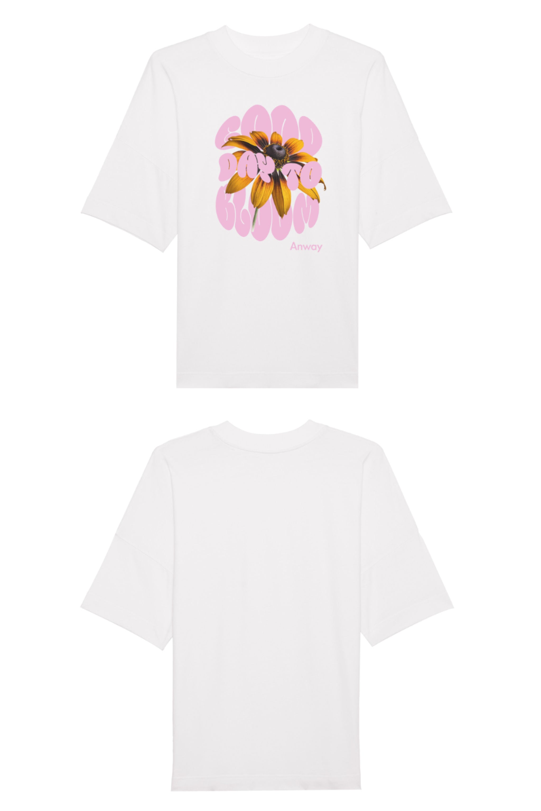 Oversized T-Shirt aus 100 % Bio-Baumwolle mit weitem, modernem Schnitt, erhältlich in Schwarz, Weiss und Natur. Individuell gestaltbar mit Wunschmotiv und frei wählbarer Platzierung. Weiche Qualität, überschnittene Ärmelansätze und lässiger Style für maximalen Tragekomfort. Design mit Sonnenblume und Text „GOOD DAY TO BLOOM“ auf der Vorderseite.