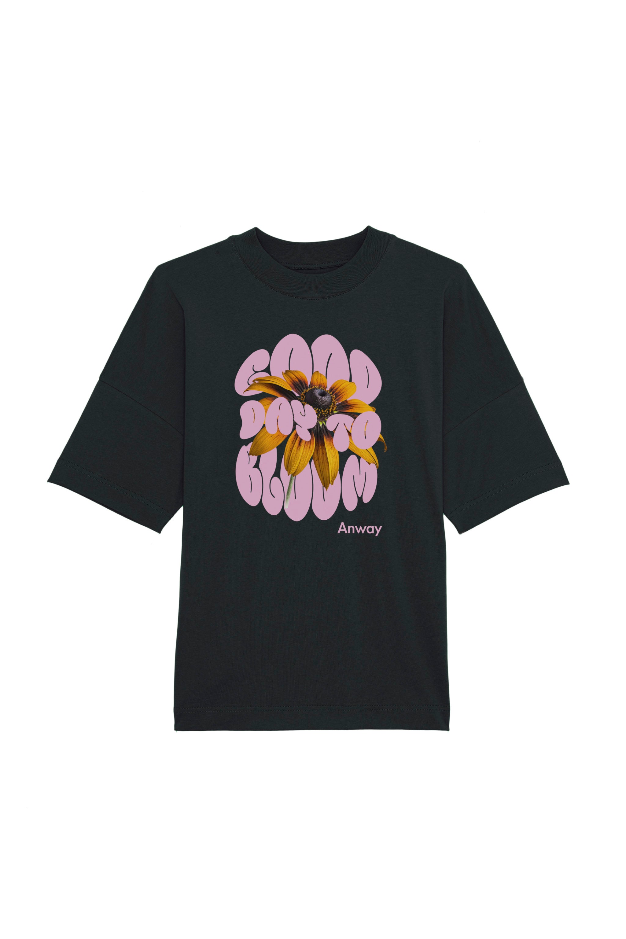 Oversized T-Shirt aus 100 % Bio-Baumwolle mit weitem, modernem Schnitt, erhältlich in Schwarz, Weiss und Natur. Individuell gestaltbar mit Wunschmotiv und frei wählbarer Platzierung. Weiche Qualität, überschnittene Ärmelansätze und lässiger Style für maximalen Tragekomfort. Design mit Sonnenblume und Text „GOOD DAY TO BLOOM“ auf der Vorderseite.