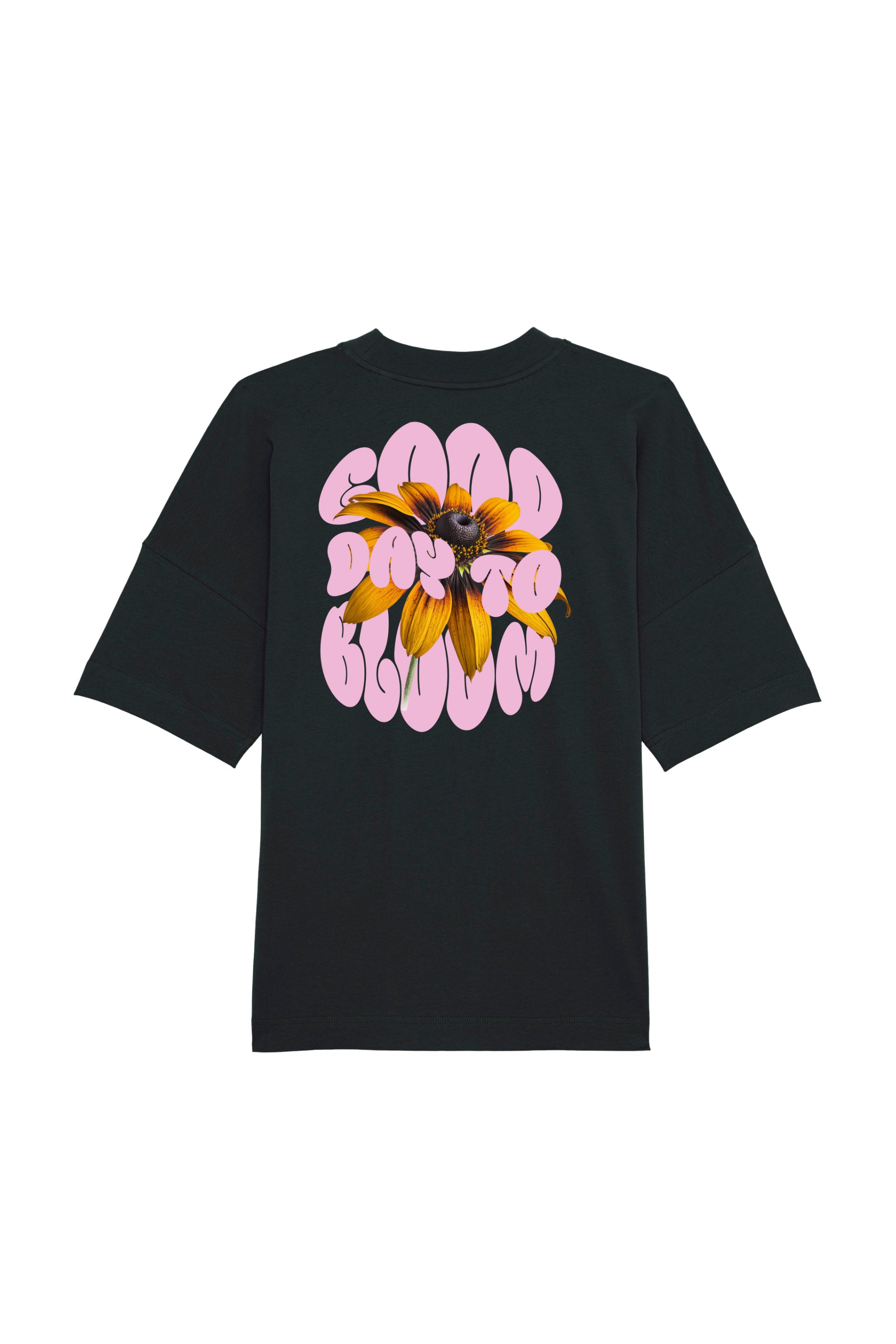 Oversized T-Shirt aus 100 % Bio-Baumwolle mit weitem, modernem Schnitt, erhältlich in Schwarz, Weiss und Natur. Individuell gestaltbar mit Wunschmotiv und frei wählbarer Platzierung. Weiche Qualität, überschnittene Ärmelansätze und lässiger Style für maximalen Tragekomfort. Vorderseite: Kleiner „Anway“-Schriftzug auf der linken Brust. Rückseite: Grosses Design mit Sonnenblume und Text „GOOD DAY TO BLOOM“.