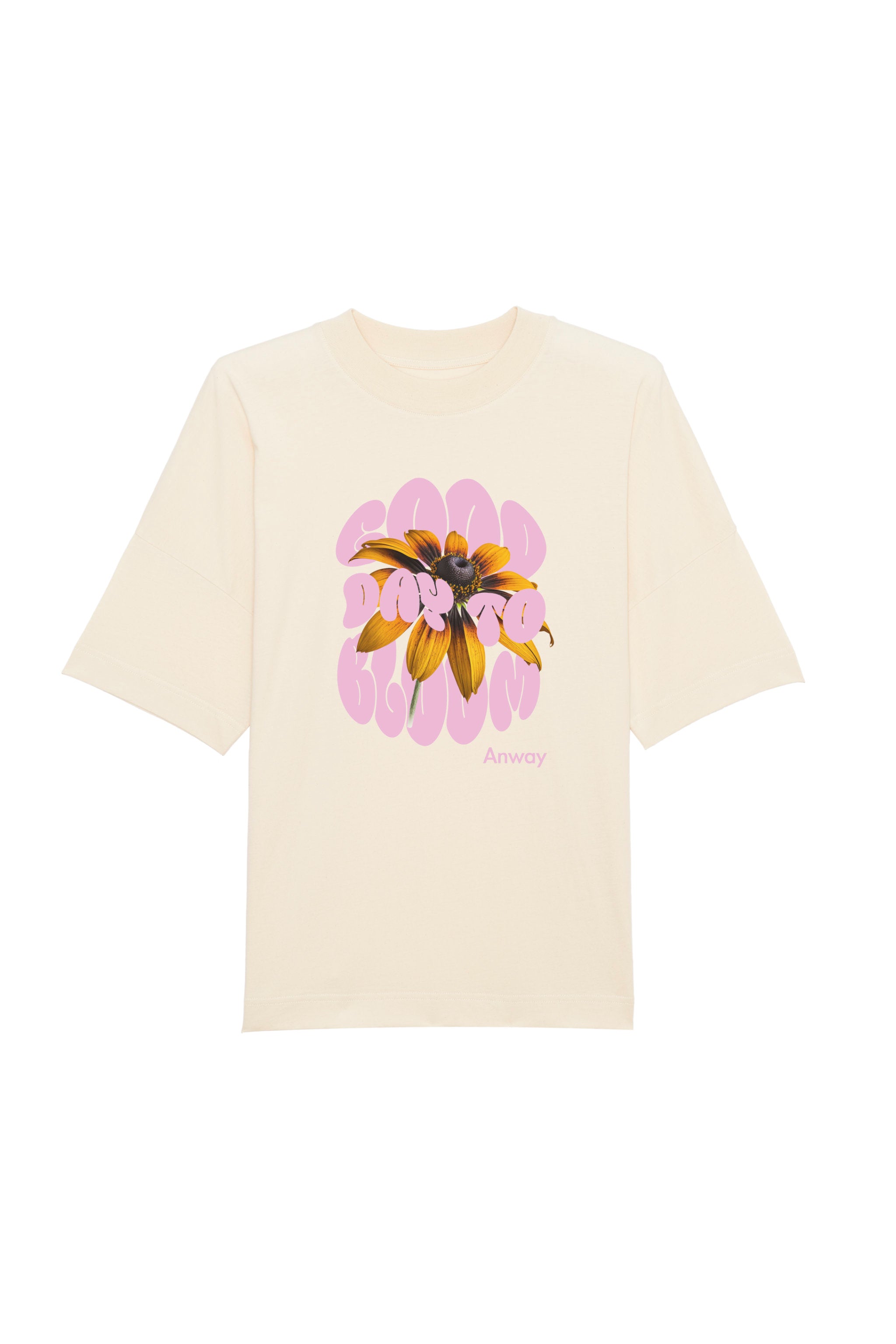 Oversized T-Shirt aus 100 % Bio-Baumwolle mit weitem, modernem Schnitt, erhältlich in Schwarz, Weiss und Natur. Individuell gestaltbar mit Wunschmotiv und frei wählbarer Platzierung. Weiche Qualität, überschnittene Ärmelansätze und lässiger Style für maximalen Tragekomfort. Design mit Sonnenblume und Text „GOOD DAY TO BLOOM“ auf der Vorderseite.
