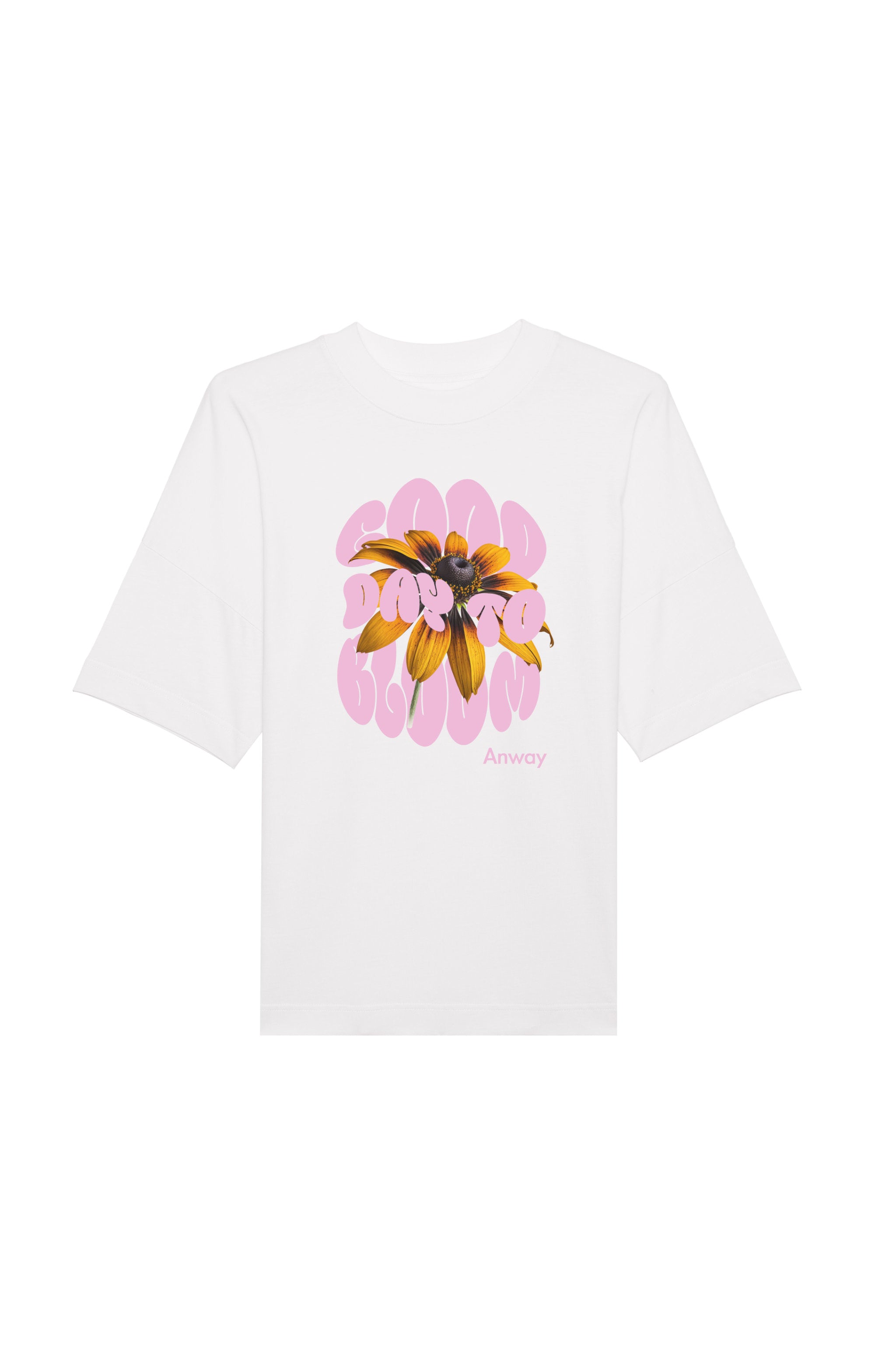 Oversized T-Shirt aus 100 % Bio-Baumwolle mit weitem, modernem Schnitt, erhältlich in Schwarz, Weiss und Natur. Individuell gestaltbar mit Wunschmotiv und frei wählbarer Platzierung. Weiche Qualität, überschnittene Ärmelansätze und lässiger Style für maximalen Tragekomfort. Design mit Sonnenblume und Text „GOOD DAY TO BLOOM“ auf der Vorderseite.