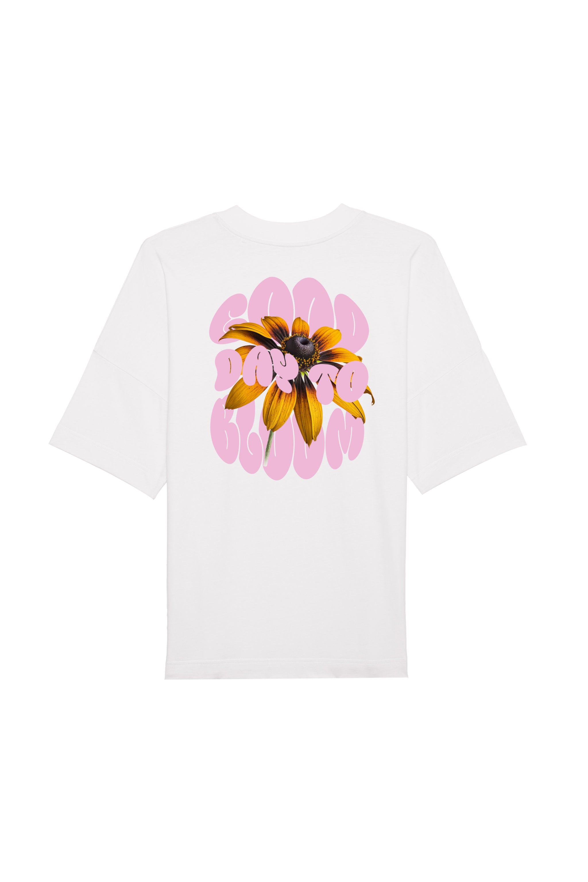 Oversized T-Shirt aus 100 % Bio-Baumwolle mit weitem, modernem Schnitt, erhältlich in Schwarz, Weiss und Natur. Individuell gestaltbar mit Wunschmotiv und frei wählbarer Platzierung. Weiche Qualität, überschnittene Ärmelansätze und lässiger Style für maximalen Tragekomfort. Vorderseite: Kleiner „Anway“-Schriftzug auf der linken Brust. Rückseite: Grosses Design mit Sonnenblume und Text „GOOD DAY TO BLOOM“.