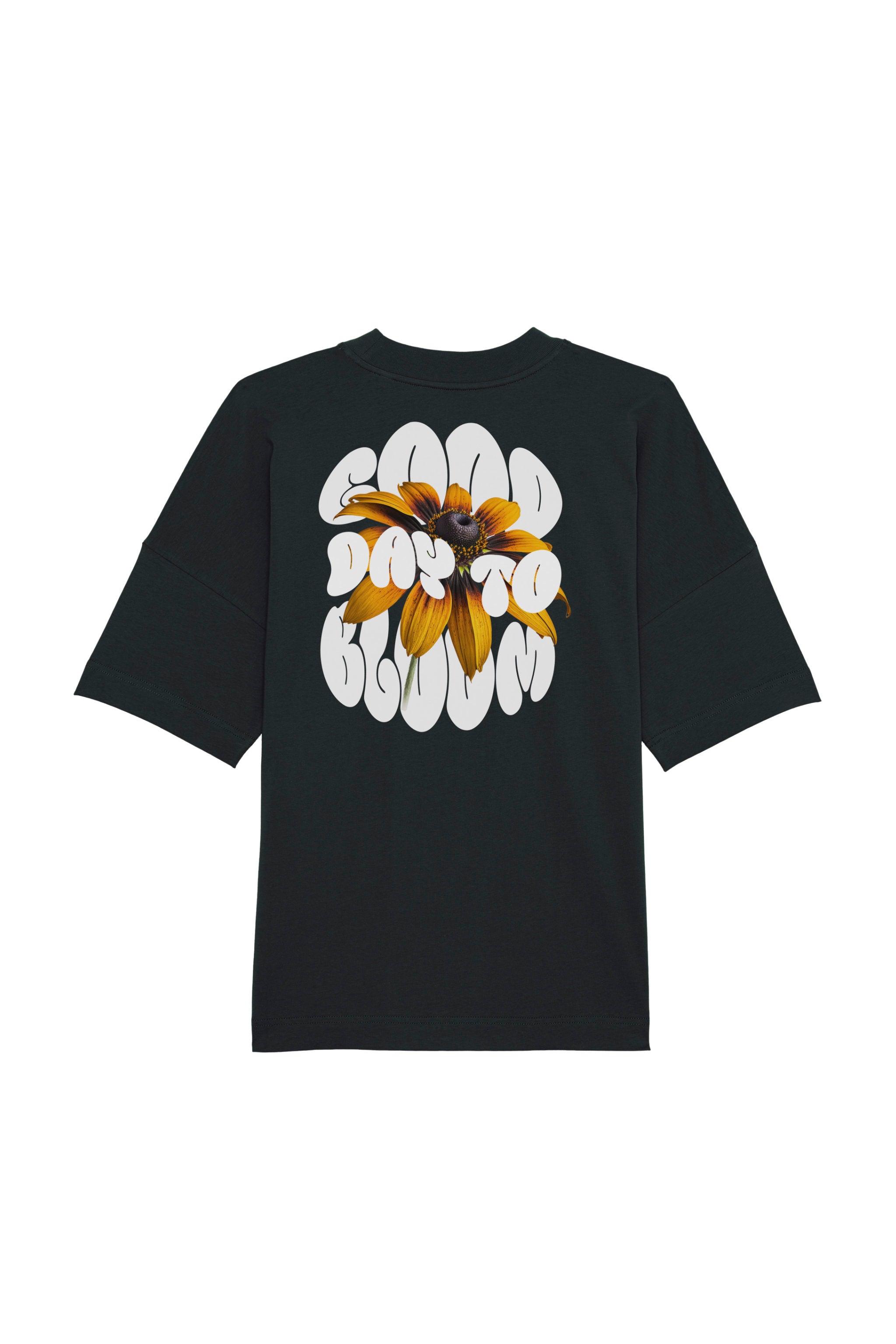 Oversized T-Shirt aus 100 % Bio-Baumwolle mit weitem, modernem Schnitt, erhältlich in Schwarz, Weiss und Natur. Individuell gestaltbar mit Wunschmotiv und frei wählbarer Platzierung. Weiche Qualität, überschnittene Ärmelansätze und lässiger Style für maximalen Tragekomfort. Vorderseite: Kleiner „Anway“-Schriftzug auf der linken Brust. Rückseite: Grosses Design mit Sonnenblume und Text „GOOD DAY TO BLOOM“.
