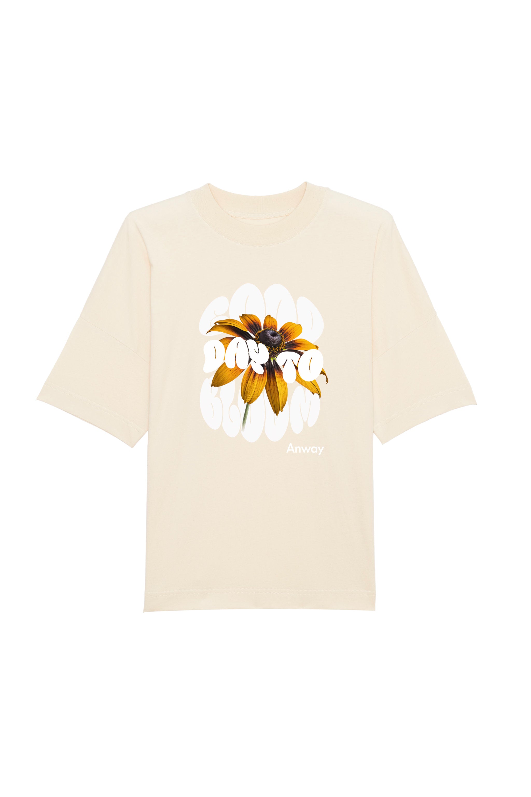 Oversized T-Shirt aus 100 % Bio-Baumwolle mit weitem, modernem Schnitt, erhältlich in Schwarz, Weiss und Natur. Individuell gestaltbar mit Wunschmotiv und frei wählbarer Platzierung. Weiche Qualität, überschnittene Ärmelansätze und lässiger Style für maximalen Tragekomfort. Design mit Sonnenblume und Text „GOOD DAY TO BLOOM“ auf der Vorderseite.