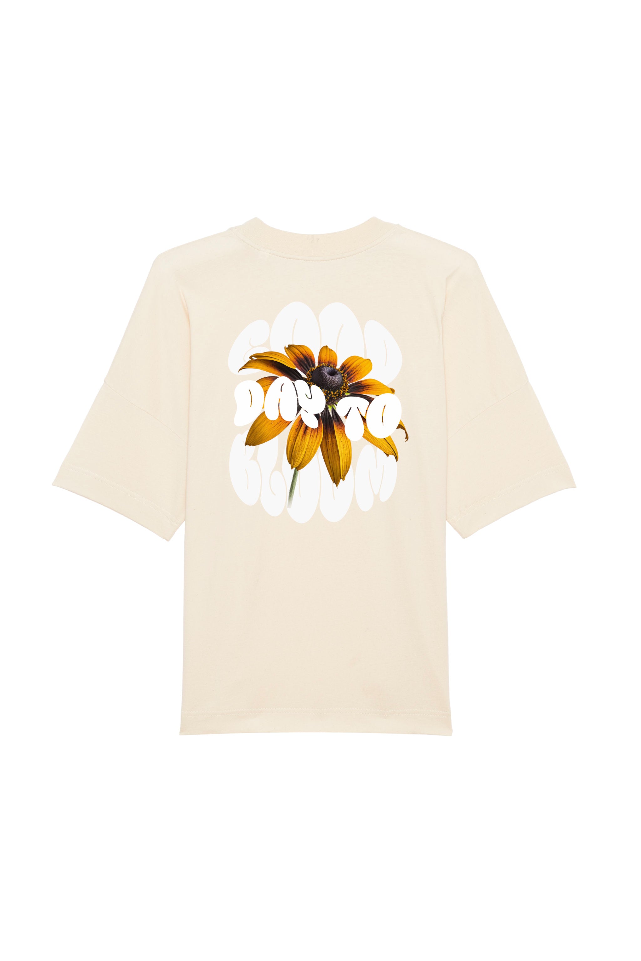 Oversized T-Shirt aus 100 % Bio-Baumwolle mit weitem, modernem Schnitt, erhältlich in Schwarz, Weiss und Natur. Individuell gestaltbar mit Wunschmotiv und frei wählbarer Platzierung. Weiche Qualität, überschnittene Ärmelansätze und lässiger Style für maximalen Tragekomfort. Vorderseite: Kleiner „Anway“-Schriftzug auf der linken Brust. Rückseite: Grosses Design mit Sonnenblume und Text „GOOD DAY TO BLOOM“.