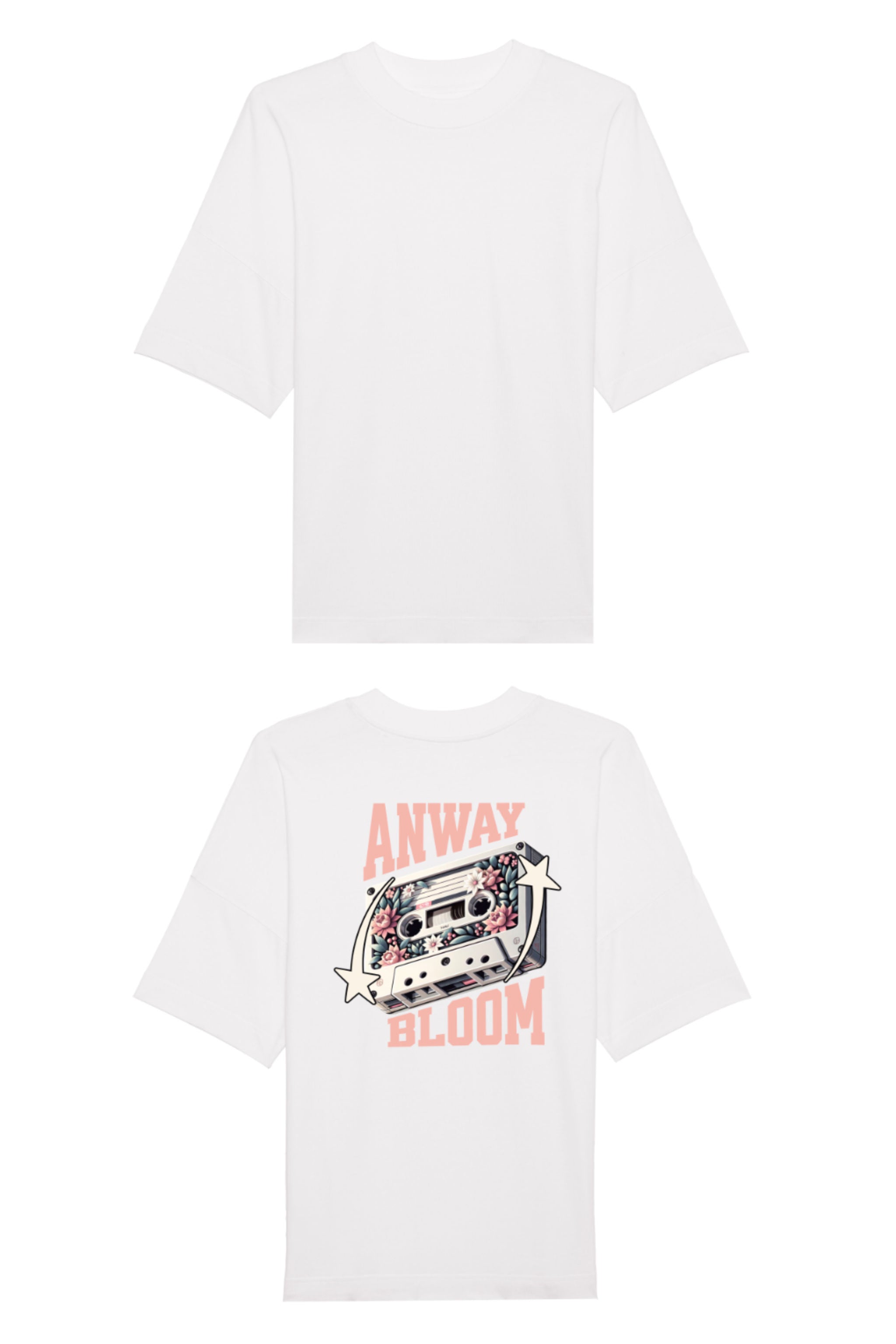 Oversized T-Shirt aus 100 % Bio-Baumwolle mit weitem, modernem Schnitt, erhältlich in Schwarz, Weiss und Natur. Individuell gestaltbar mit Wunschmotiv und frei wählbarer Platzierung. Weiche Qualität, überschnittene Ärmelansätze und lässiger Style für maximalen Tragekomfort. Als Motiv auf der Rückseite eine Kassette, dekoriert mit Blumen, eingerahmt von Sternen – Text „ANWAY BLOOM“.