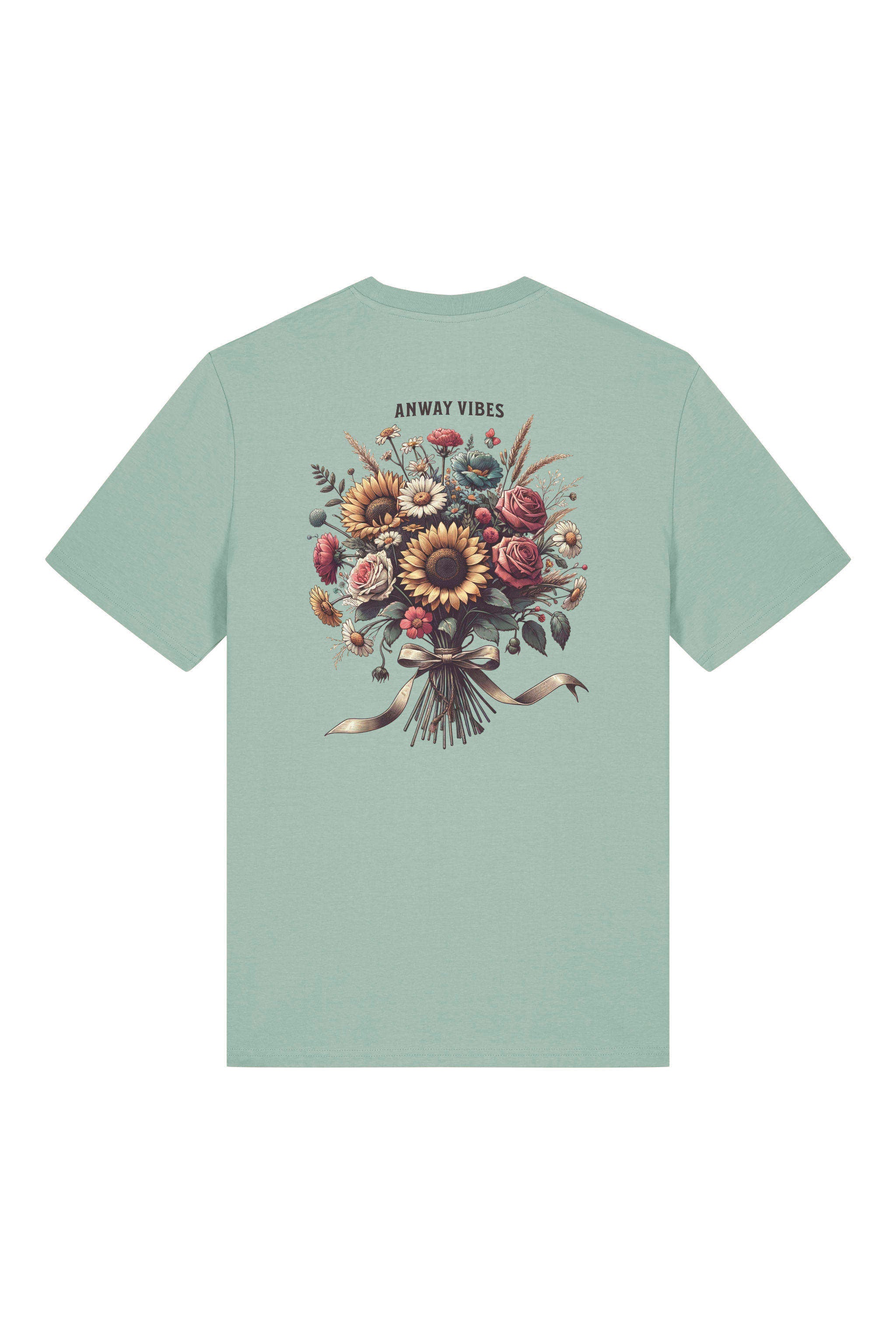 T-Shirt aus 100 % Bio-Baumwolle mit normaler Passform, erhältlich in verschiedenen Farben wie Blue Soul, Cotton Pink, Lavender, Aloe, Weiss und Schwarz. Individuell bedruckbar mit Wunschmotiv. Weiches, angenehm leichtes Material für hohen Tragekomfort. Ideal für einen zeitgemässen, entspannten Look. Mit grossem buntem Blumenstrauss auf dem Rücken und „ANWAY VIBES“-Schriftzug.