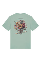 T-Shirt aus 100 % Bio-Baumwolle mit normaler Passform, erhältlich in verschiedenen Farben wie Blue Soul, Cotton Pink, Lavender, Aloe, Weiss und Schwarz. Individuell bedruckbar mit Wunschmotiv. Weiches, angenehm leichtes Material für hohen Tragekomfort. Ideal für einen zeitgemässen, entspannten Look. Mit grossem buntem Blumenstrauss auf dem Rücken und „ANWAY VIBES“-Schriftzug.