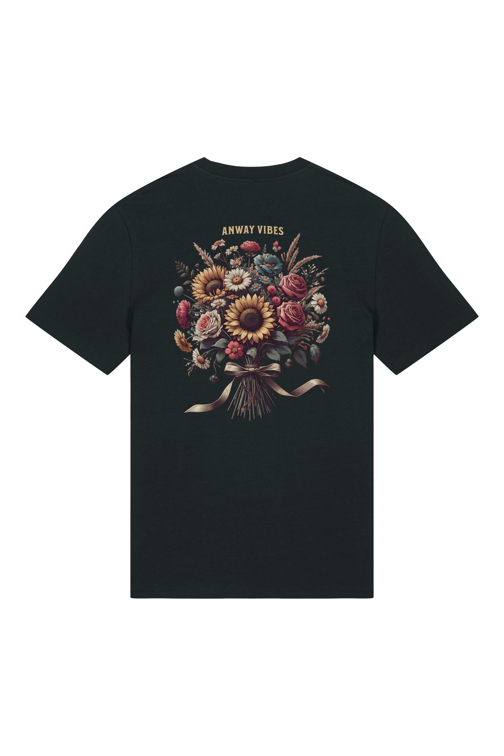 T-Shirt aus 100 % Bio-Baumwolle mit normaler Passform, erhältlich in verschiedenen Farben wie Blue Soul, Cotton Pink, Lavender, Aloe, Weiss und Schwarz. Individuell bedruckbar mit Wunschmotiv. Weiches, angenehm leichtes Material für hohen Tragekomfort. Ideal für einen zeitgemässen, entspannten Look. Mit grossem buntem Blumenstrauss auf dem Rücken und „ANWAY VIBES“-Schriftzug.