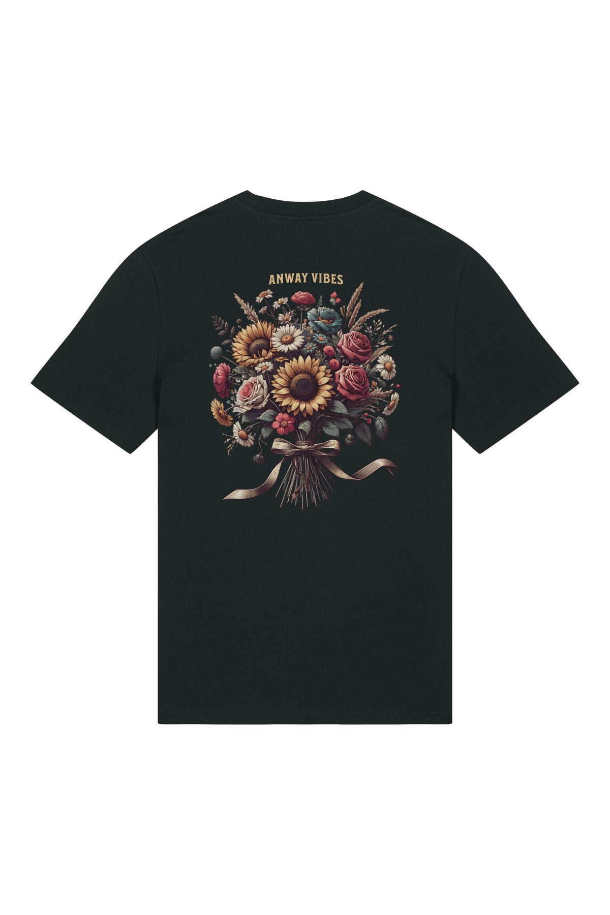 T-Shirt aus 100 % Bio-Baumwolle mit normaler Passform, erhältlich in verschiedenen Farben wie Blue Soul, Cotton Pink, Lavender, Aloe, Weiss und Schwarz. Individuell bedruckbar mit Wunschmotiv. Weiches, angenehm leichtes Material für hohen Tragekomfort. Ideal für einen zeitgemässen, entspannten Look. Mit grossem buntem Blumenstrauss auf dem Rücken und „ANWAY VIBES“-Schriftzug.